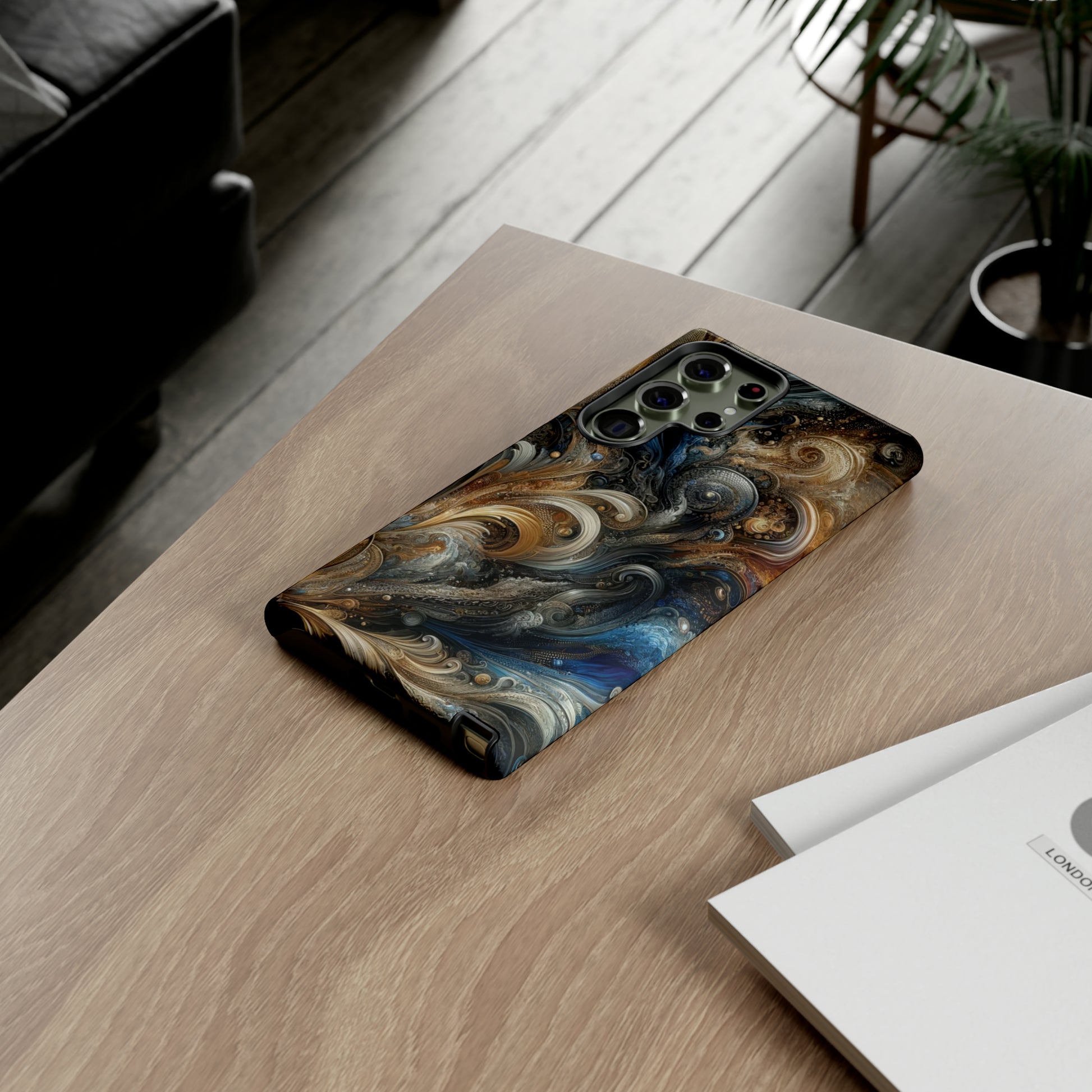 Gold and Navy Art Design Luxury Phone Tough Case Floral Elegant Durable Stylish for Modern Devices iPhone 15, Samsung iPhone Samsung Accessory Gift for Her.