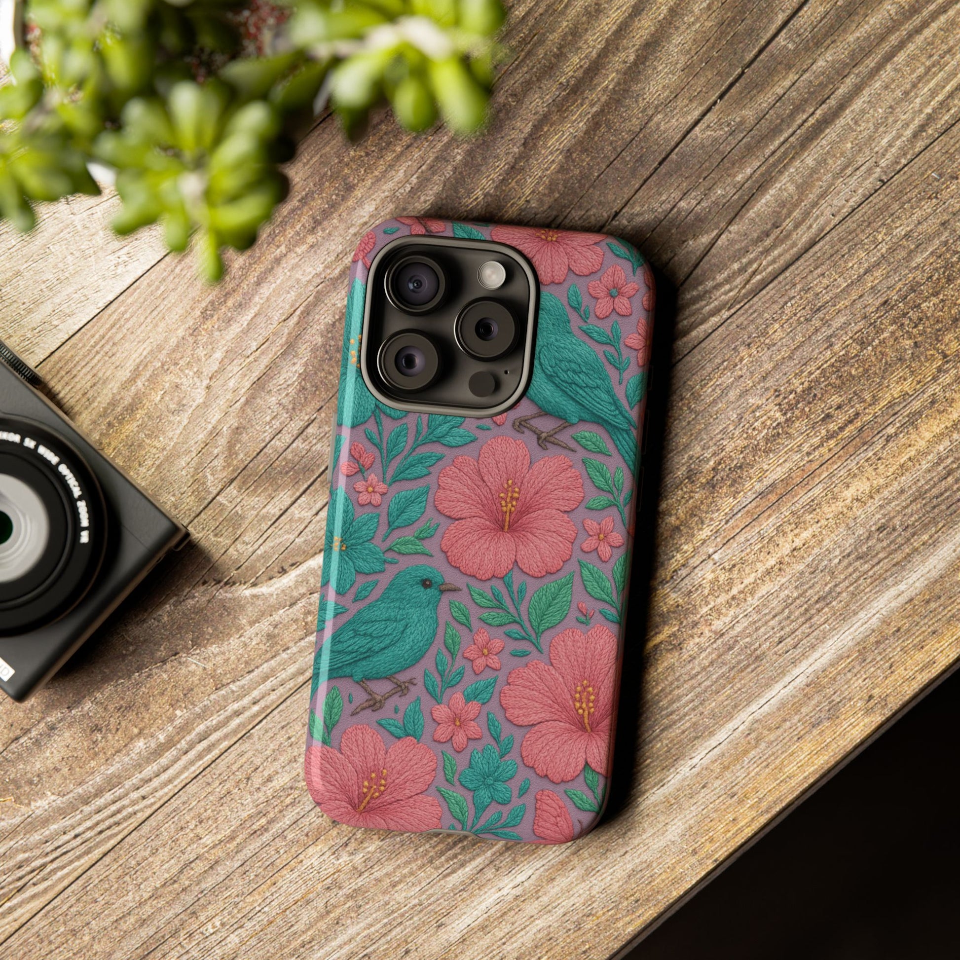 Turquoise, Pink and Lavender 3D Embroidery Illusion Phone Case Tropical Flowers, Birds & Butterflies Cover with Bold, Realistic Floral Texture iPhone, Samsung