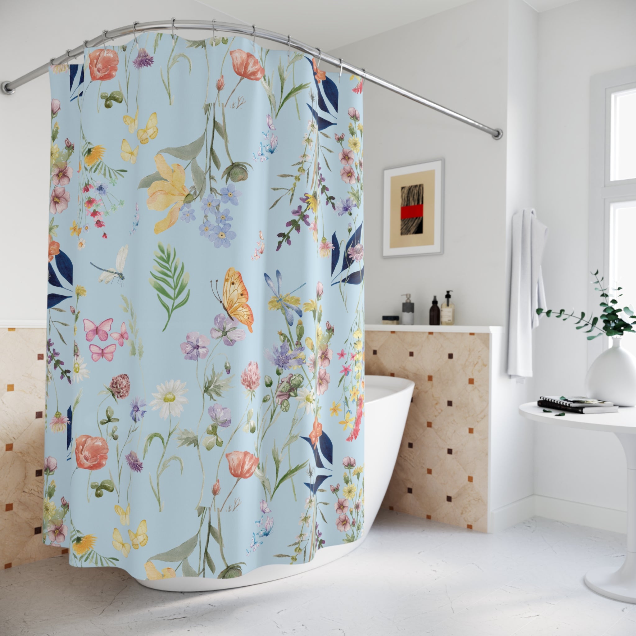 Floral shower curtain with butterflies in a bathroom setting