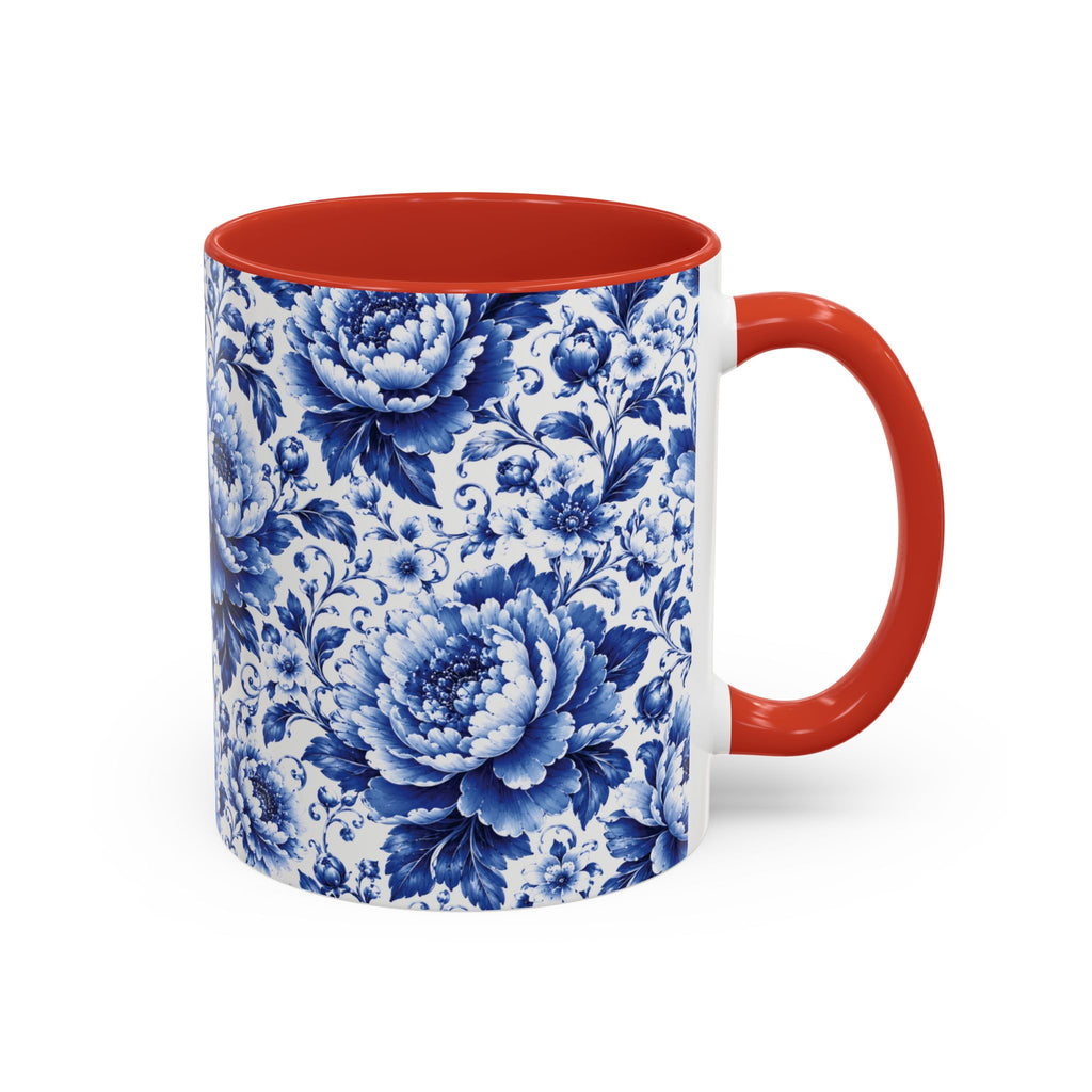 Blue Floral Ceramic Coffee Mug — Vintage Delft Peony Accent (11oz & 15oz) Blue & White Chinoiserie Tea Mug