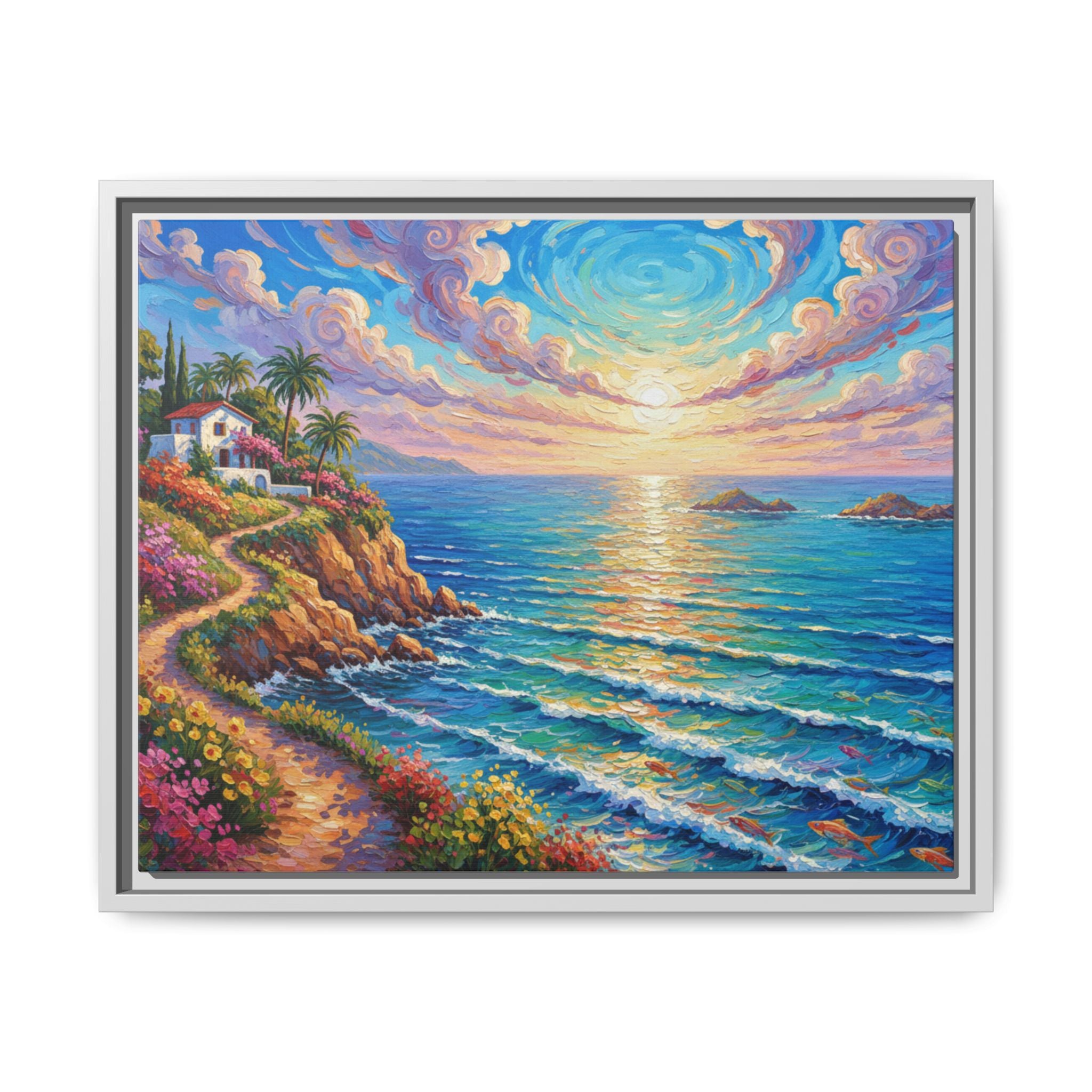 Ocean Floral Print Canvas | Bright Colorful Seascape Wall Art, Framed Matte Office Art Work