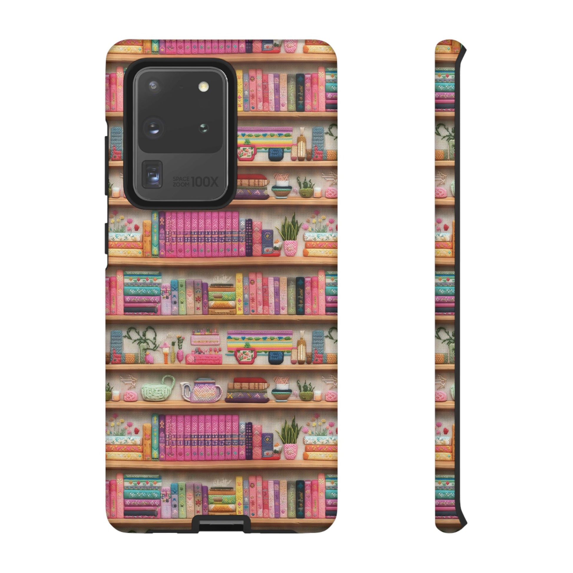 Whimsical 3D Embroidery Illusion Books on Pastel Shelves Phone Case for iPhone, Samsung & Pixel: Unique Accessory for Literary Enthusiasts Gift for Her Perfect for Floral Lover