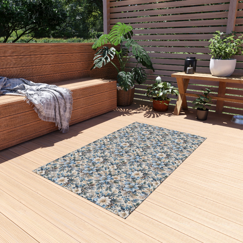 Icy Blue Floral Outdoor Patio Rug