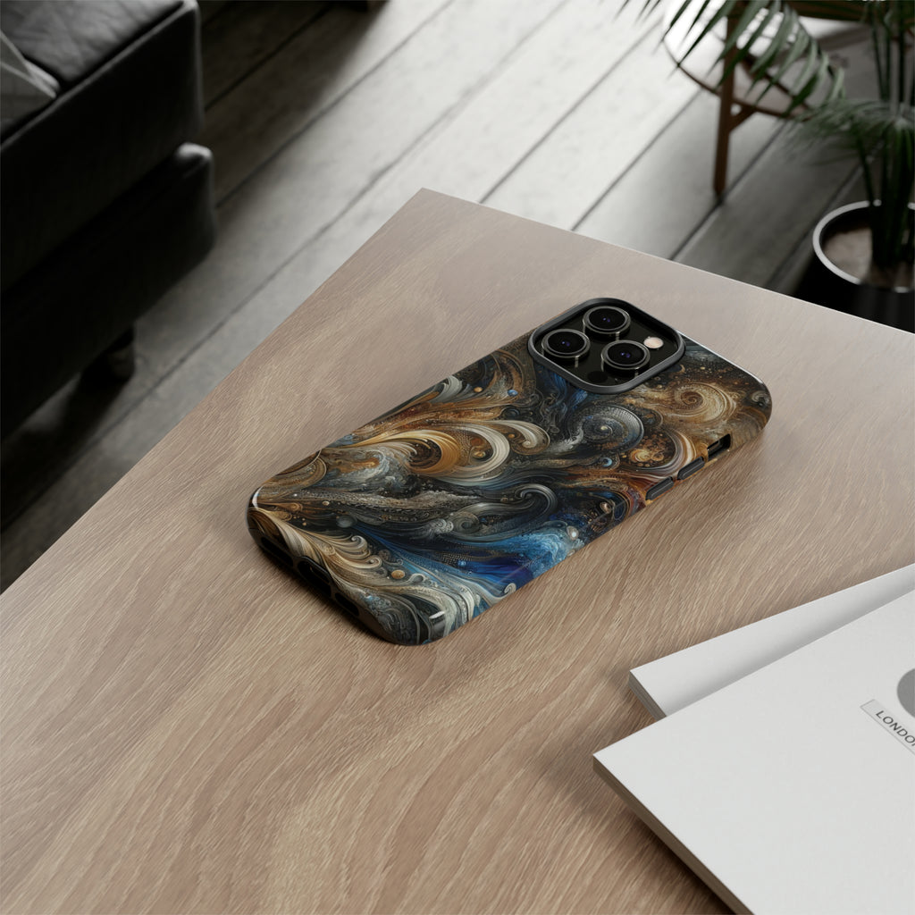 Gold and Navy Art Design Luxury Phone Tough Case Floral Elegant Durable Stylish for Modern Devices iPhone 15, Samsung iPhone Samsung Accessory Gift for Her.