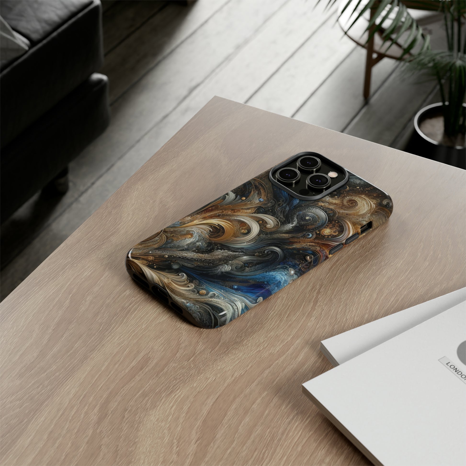 Gold and Navy Art Design Luxury Phone Tough Case Floral Elegant Durable Stylish for Modern Devices iPhone 15, Samsung iPhone Samsung Accessory Gift for Her.