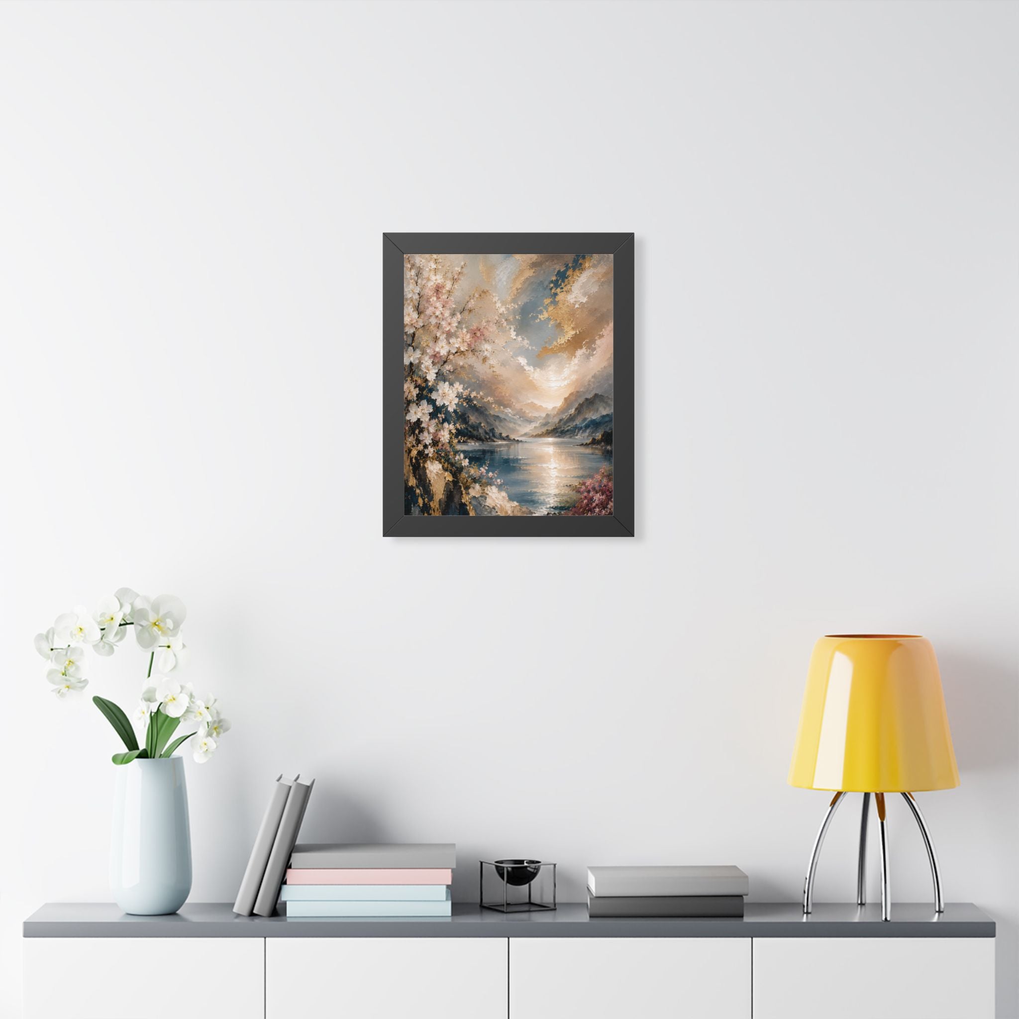 Sunlit Mountain Lake framed vertical poster | floral shoreline landscape