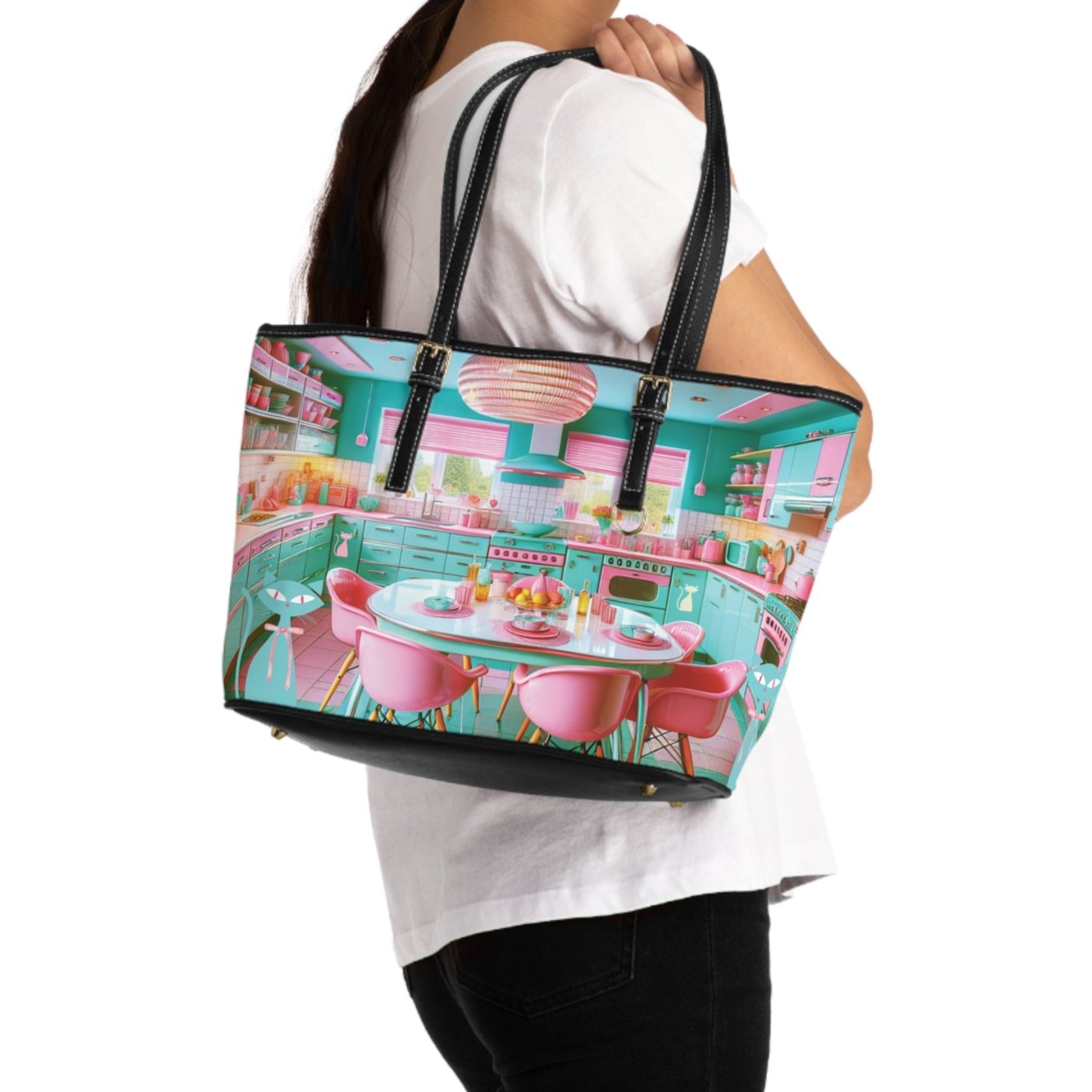 Atomic Mid Century Modern Retro Pink & Aqua PU Leather Shoulder Bag Stylish and Durable Handbag for Everyday Use, Travel, & Special Occasions – Trendy Vintage-Inspired Accessory - MRSBYVALLE