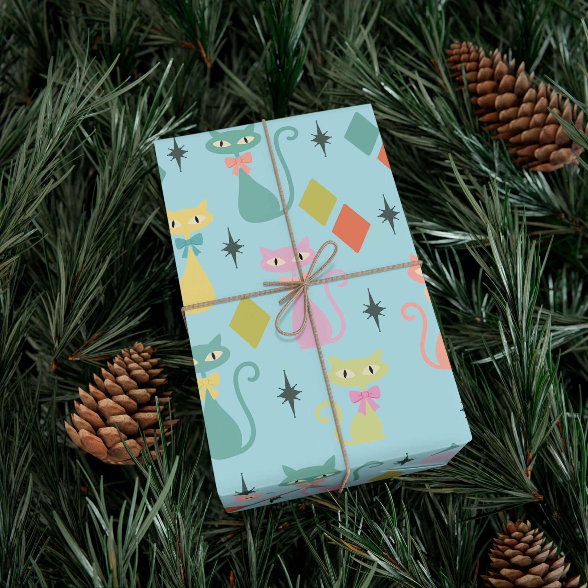 Atomic Cat Wrapping Paper, Retro Gift Wrap, Pastel Mid-Century Kitty Design, Vintage Holiday 30x20, 30x72, 30x144 Perfect for all Occasion