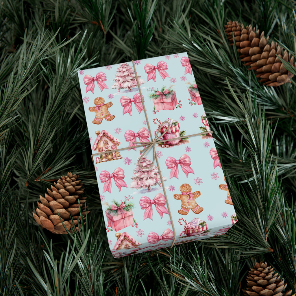 Coquette Pink Gingerbread House Man Wrapping Paper with Adorable Pink Bows Perfect for Whimsical Christmas Gift Wrap | Festive Holiday Present Wrapping Sheets - MRSBYVALLE