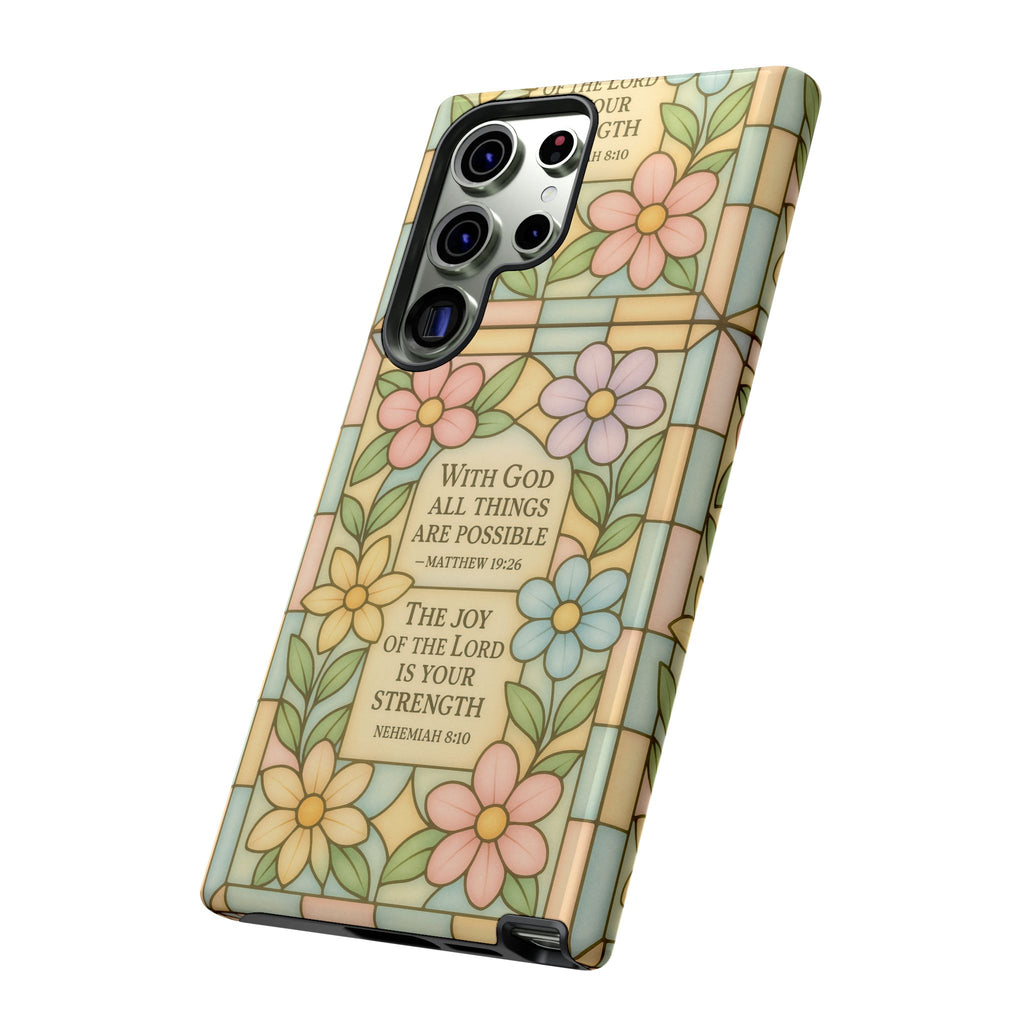 Pastel Stained Glass Bible Verse Phone Case Christian Affirmation Cover, Soft Geometric Design, iPhone Samsung Google, Faith Gift for Her Bible Verse or Affirmation | Protective, Inspirational Gift for Christians
