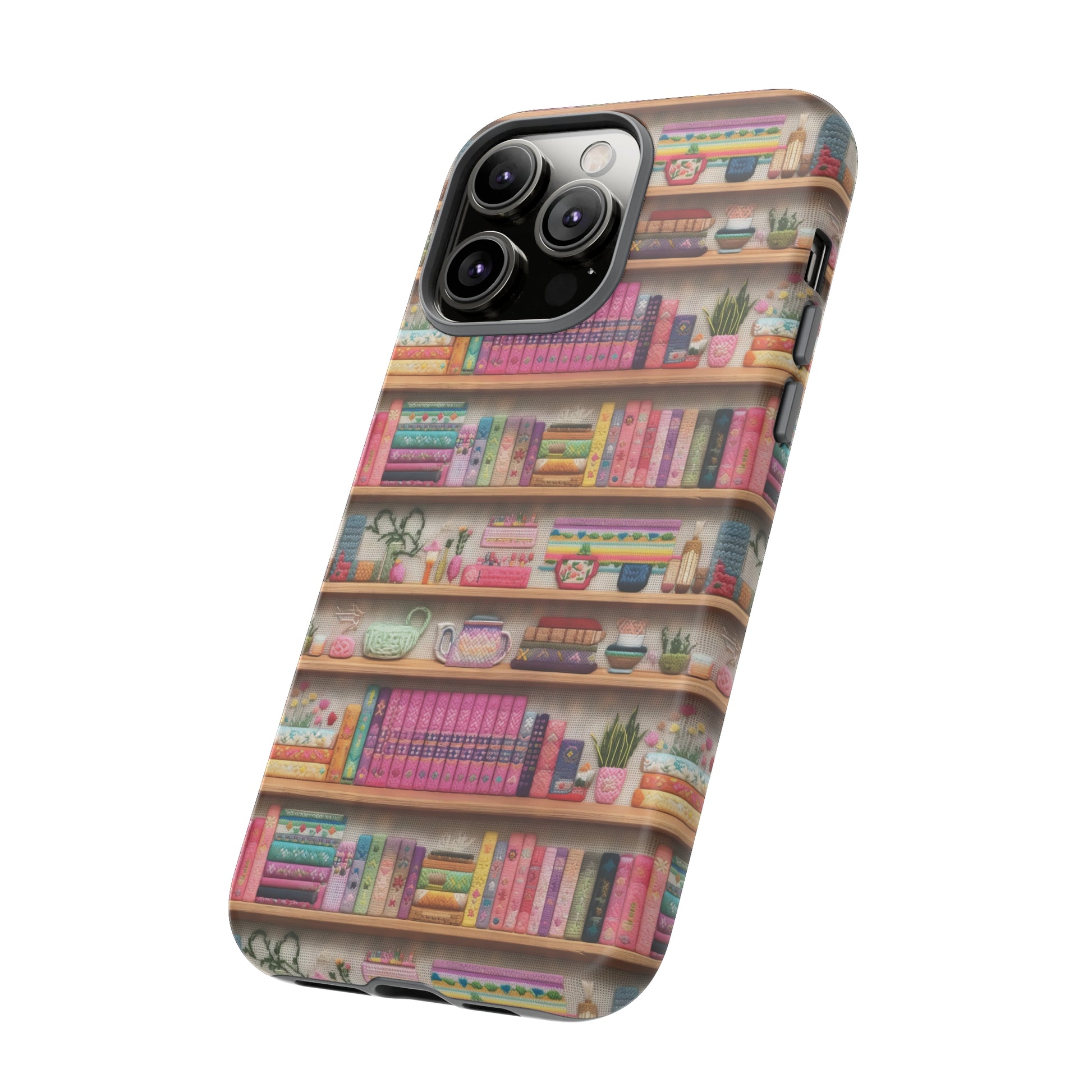 Phone Case 3D Illusion Books & Shelf Embroidery Design with Vibrant Colors Gift for Her Phone 15, Samsung iPhone Samsung Gift for Her Case iPhone 15, Samsung iPhone Samsung Accessory Gift for Her.