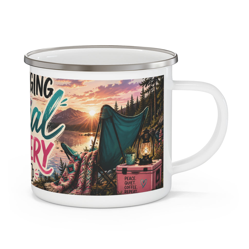 Enamel Camping Mug — "Recharging My Social Battery" Scenic Camper Coffee Cup