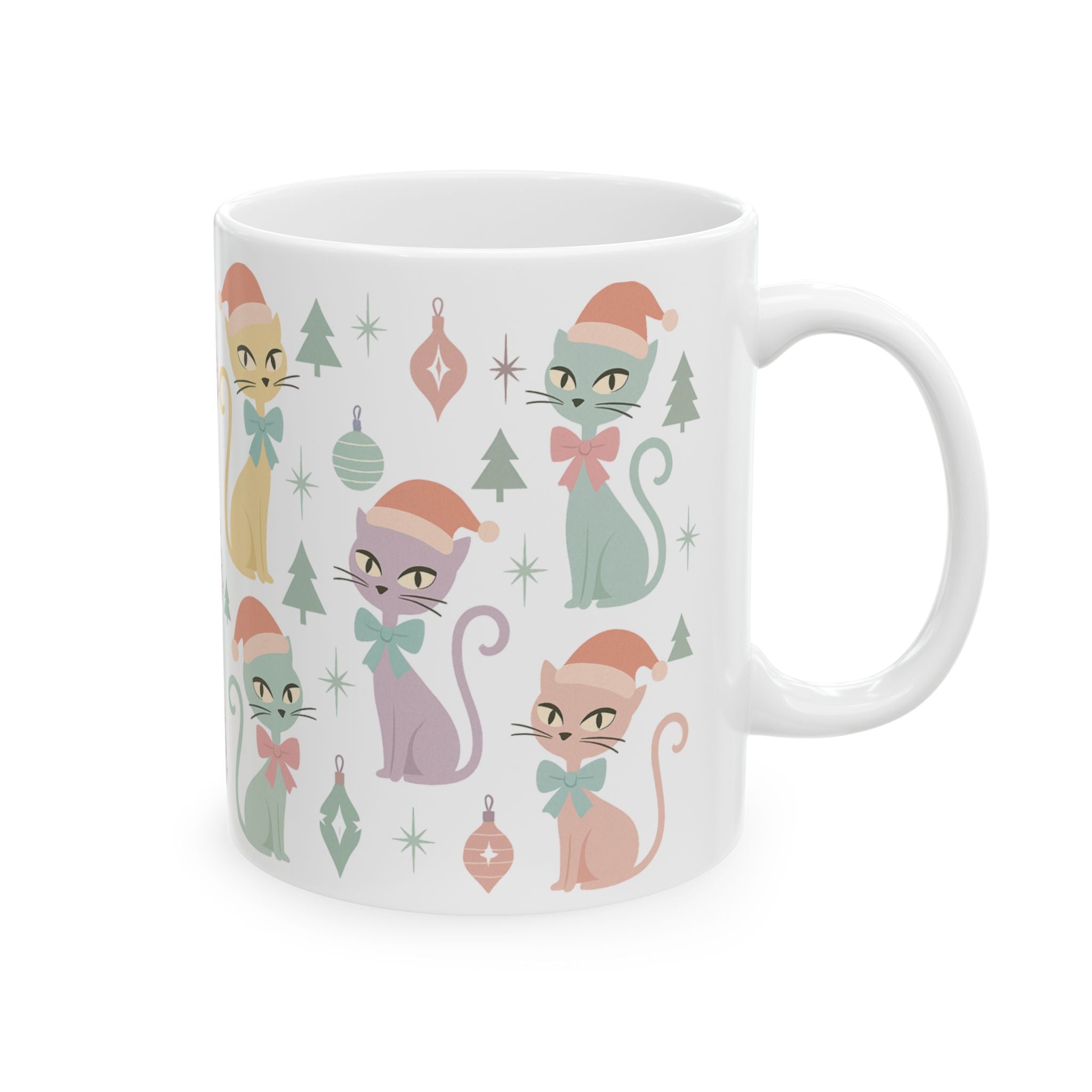 Pastel Atomic Cat Mug, Retro Mid Century Modern Coffee Cup, Vintage Kitty Design with Coquette Bow, 11oz & 15oz Ceramic Mug for Cat Lovers
