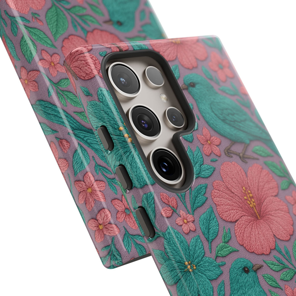 Turquoise, Pink and Lavender 3D Embroidery Illusion Phone Case Tropical Flowers, Birds & Butterflies Cover with Bold, Realistic Floral Texture iPhone, Samsung
