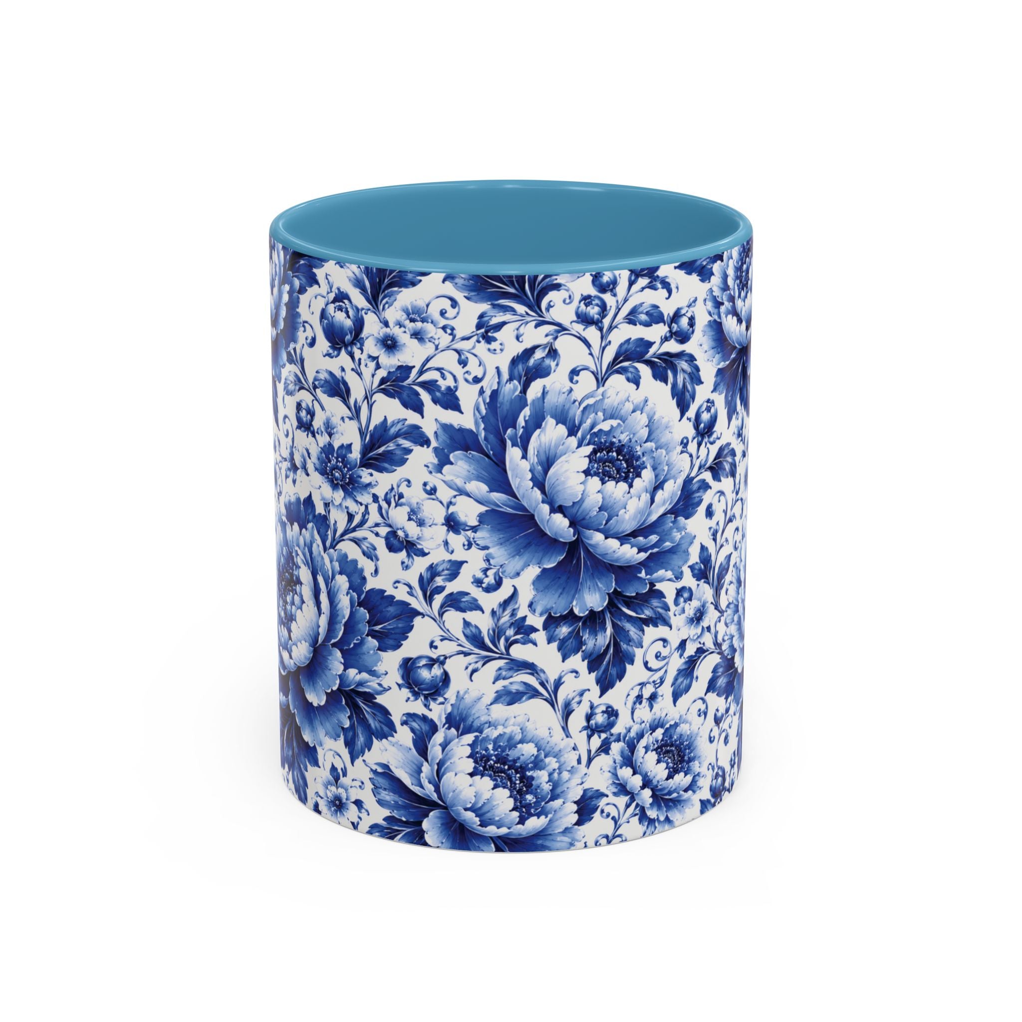 Blue Floral Ceramic Coffee Mug — Vintage Delft Peony Accent (11oz & 15oz) Blue & White Chinoiserie Tea Mug