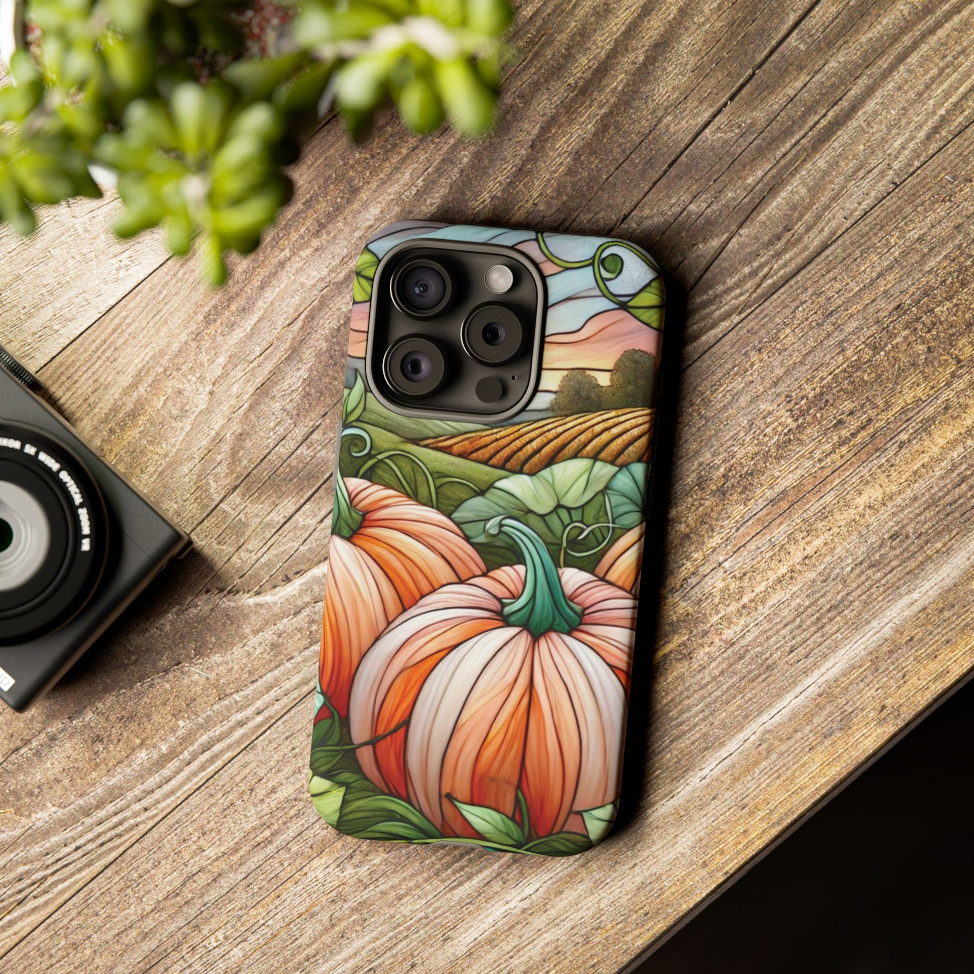 Pumpkins Phone Case Fall Faux Stained-Glass Thanksgiving Cover Pumpkin Lovers Gift for Galaxy S 24 23 22 21 Pixel 5 6 7 8 iPhone 17 , 16 15 14 13 12 Samsung iPhone Samsung Gift for Her