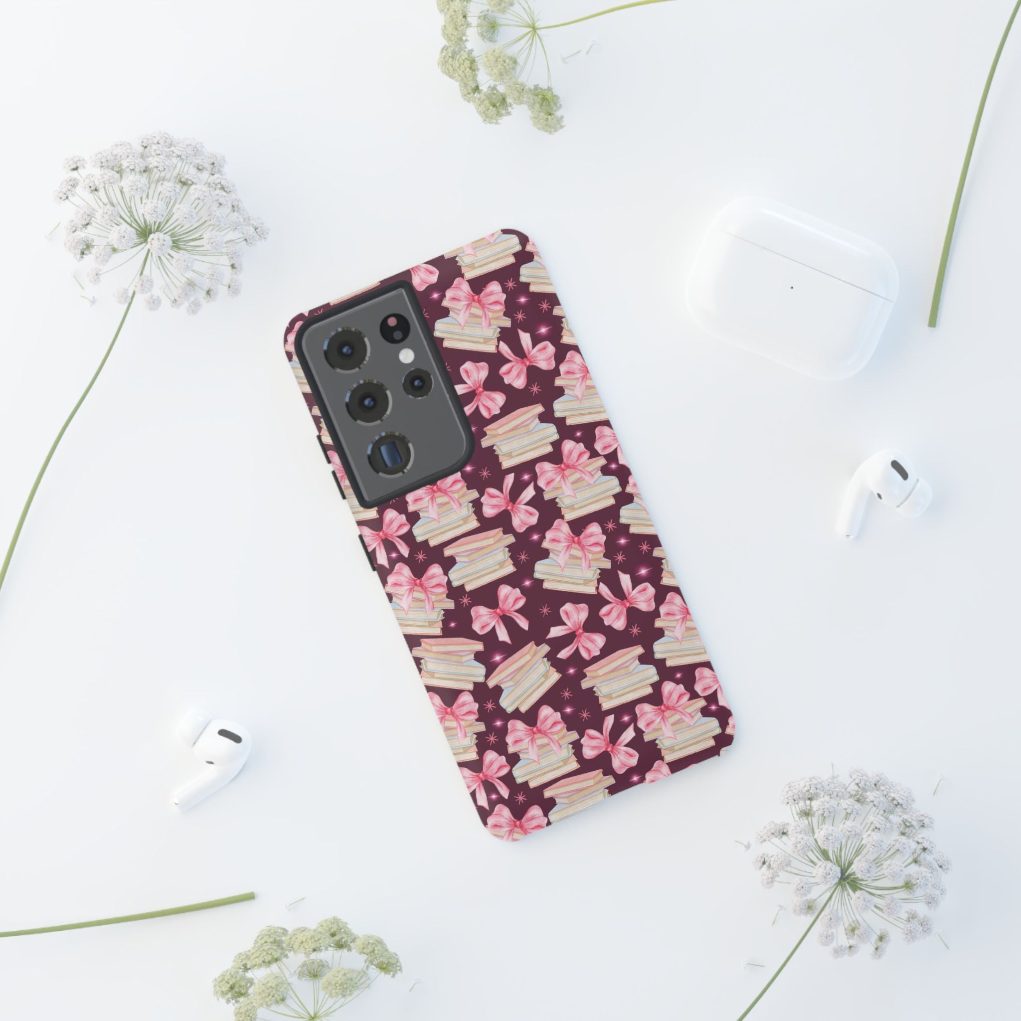 Coquette Pink Bows & Books Phone Case for iPhone 17 and Samsung, Pixel | Stylish Protective Cover Gift for Her Perfect for Floral Lover