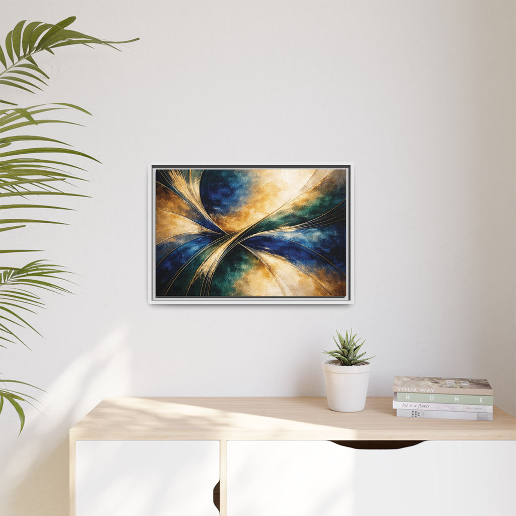 Gilded Convergence  Luxe NeoDeco Blue & Gold Abstract Wall Art Framed
