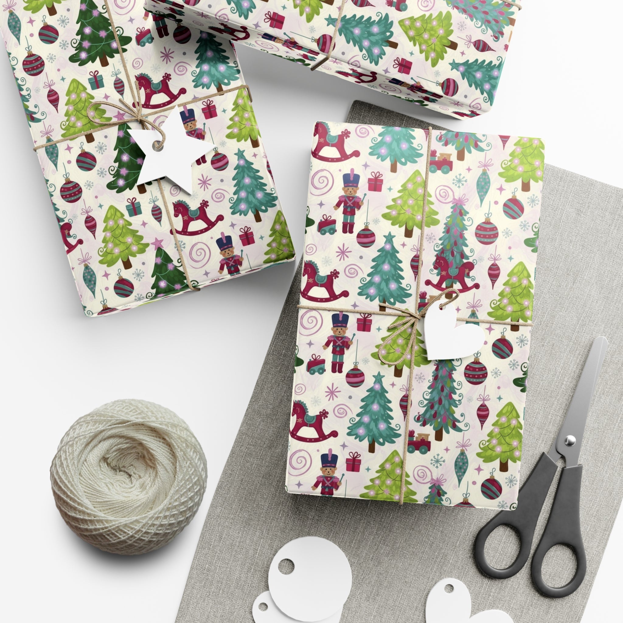 Festive Christmas wrapping paper with toys, trees & holiday icons. Available in 3 sizes—perfect for gifts, parties & seasonal décor.