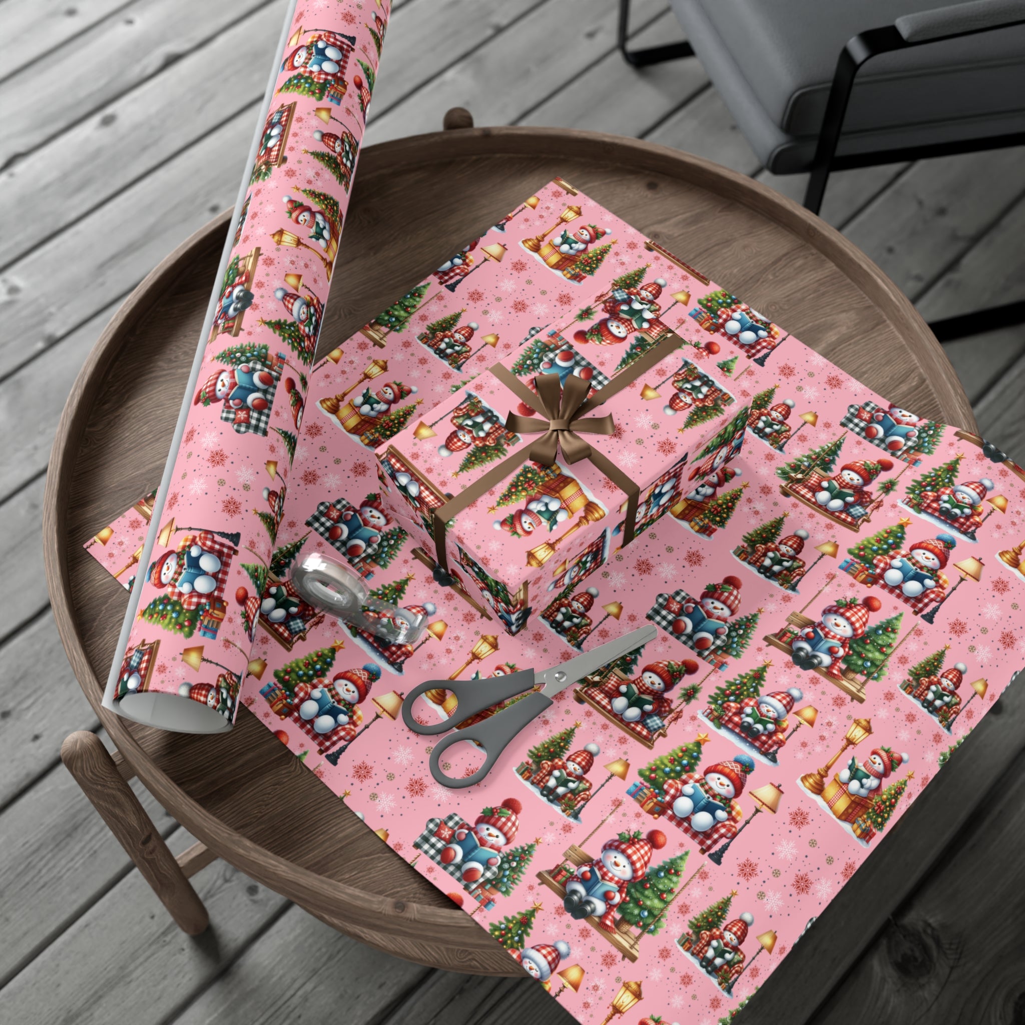 Pink Christmas Snowman Wrapping Paper with Adorable Pink Bows Perfect for Whimsical Christmas Gift Wrap | Festive Holiday Present Wrapping Sheets - MRSBYVALLE