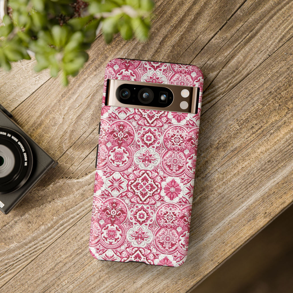 Pink and White Mediterranean Tile Design Phone Case - Stylish, Protective Cover for All Models Gift for Mom Accessory Gift for Her