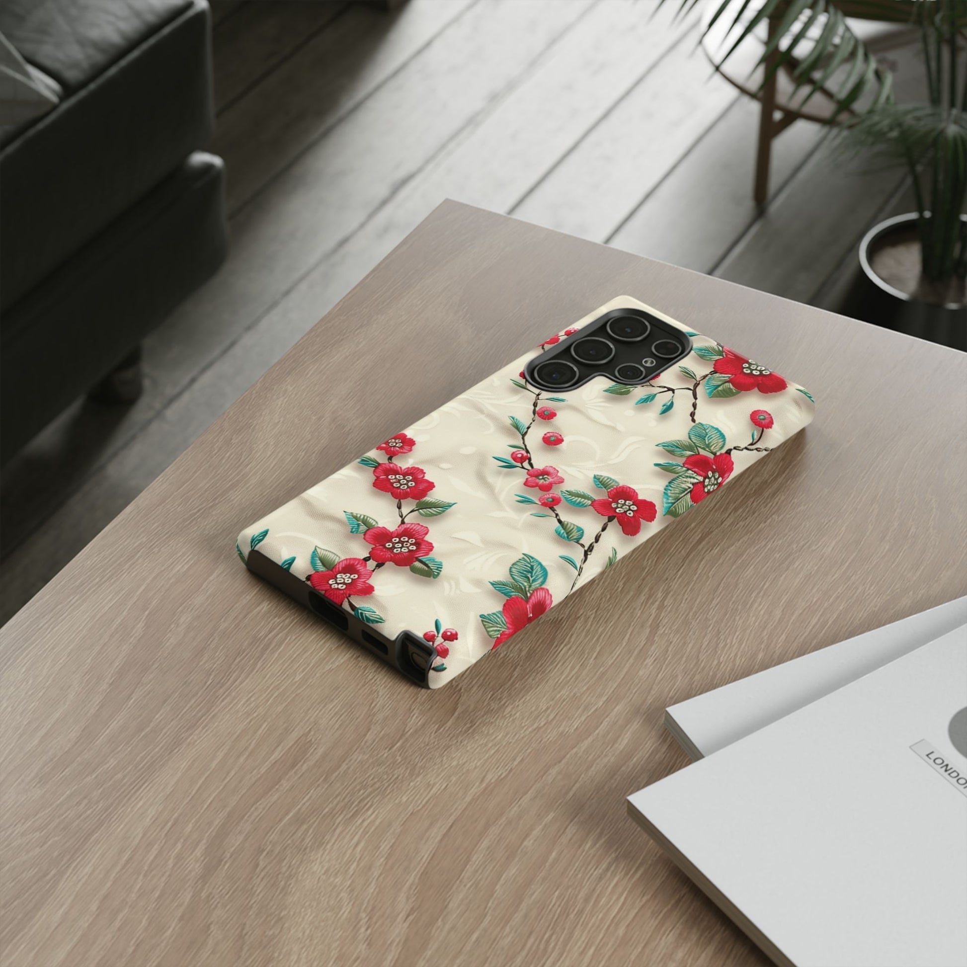 3D Embroidery Illusion Red Flowers Phone Case for iPhone, Samsung Pixel Artistic Floral Protection 15 14 13 12, 21 23 Gift for Her Perfect for Floral Lover
