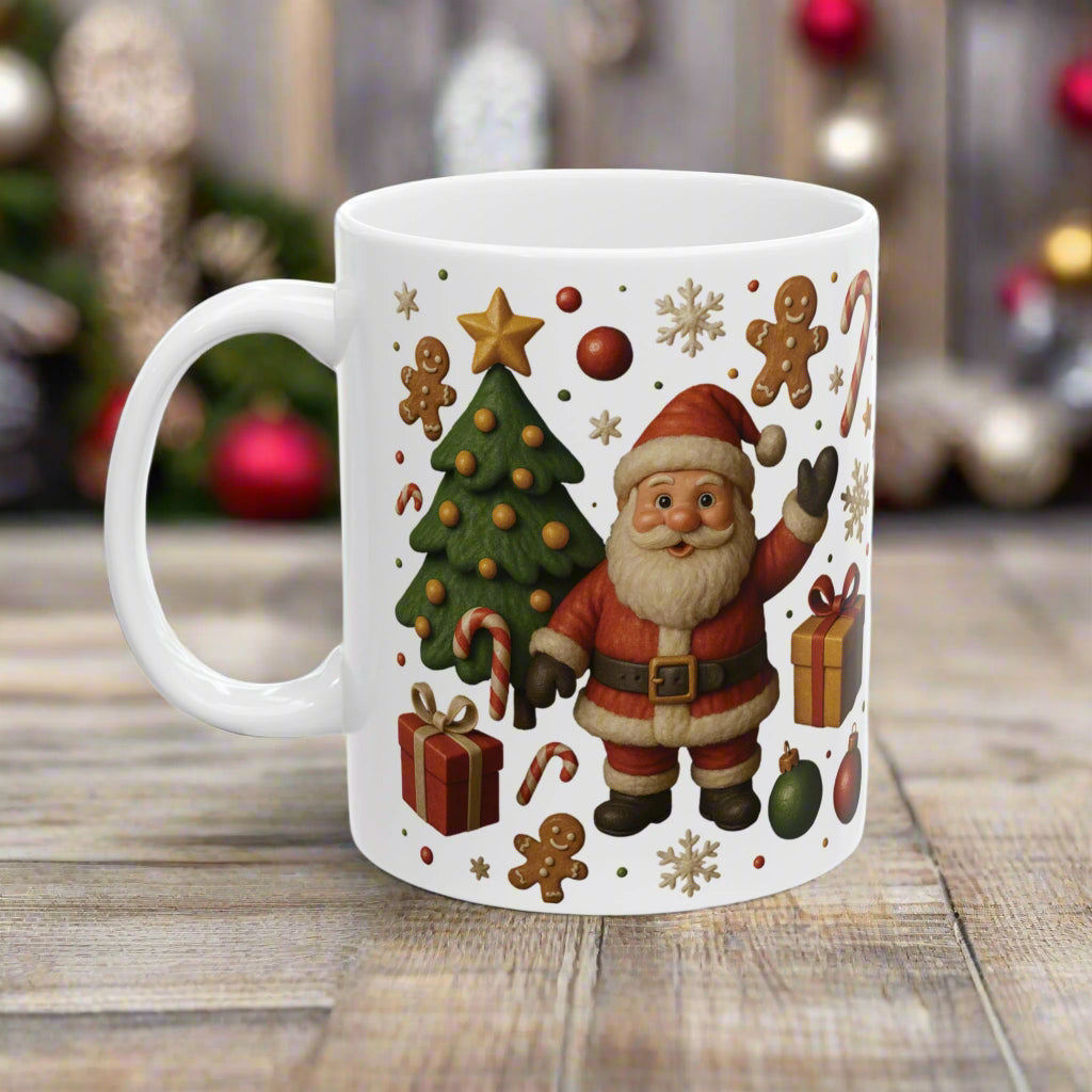 Santa & Tree Christmas Mug 11oz & 15oz Holiday Cup with Gingerbread, Candy Canes, Gifts – Perfect for Cocoa, Coffee, or Winter Mornings