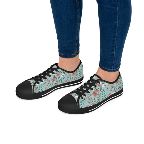 Aqua and Pink Floral Women's Low Top Sneakers Breathable Polyester Canvas, Lightweight Stylish Floral Pastel Design, Comfortable All-Day Wear, Perfect for Walking and Everyday Activities - MRSBYVALLE