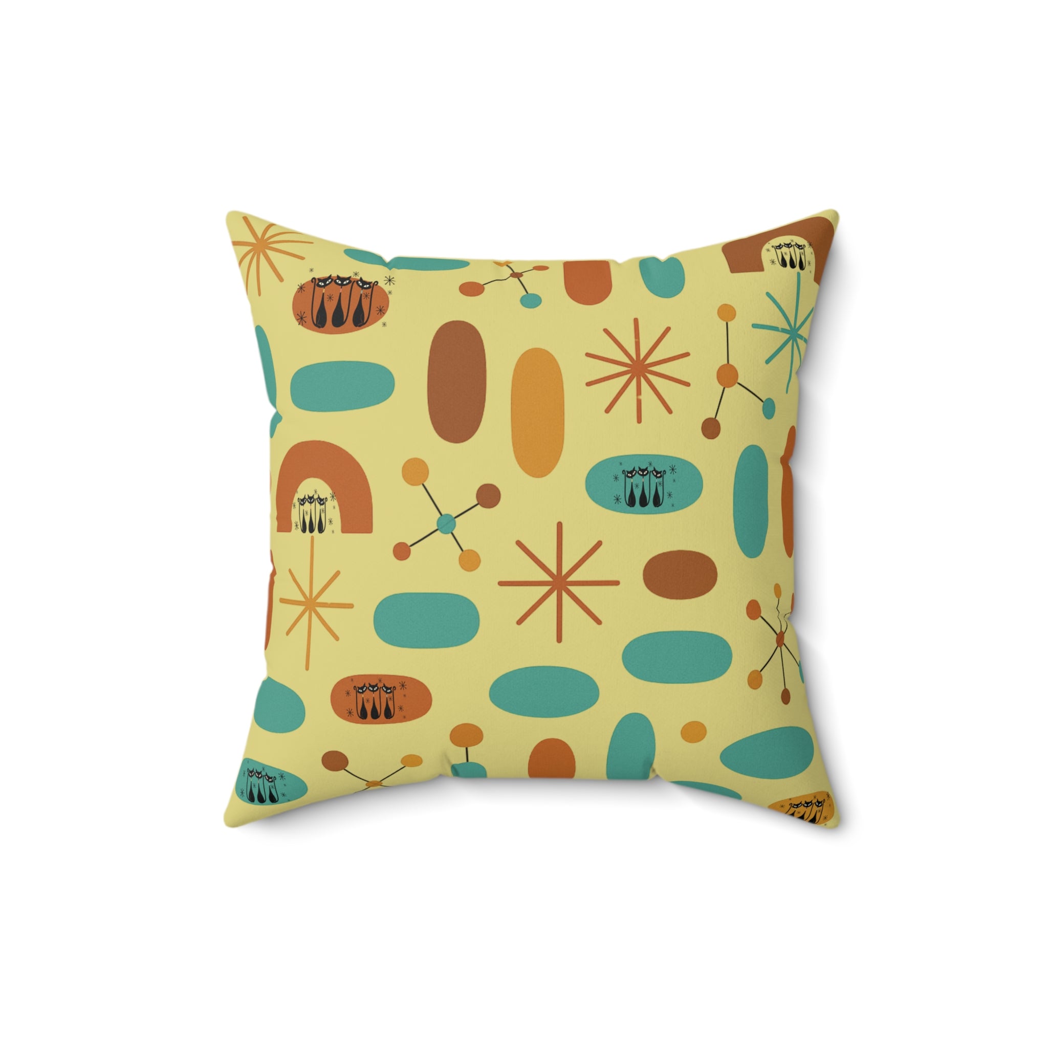 Atomic Cat Throw Pillow, Mid Century Modern Yellow Cushion, Retro Kitty Accent Pillow, Pastel Coquette Bow, Vintage Home Decor, Reading Nook