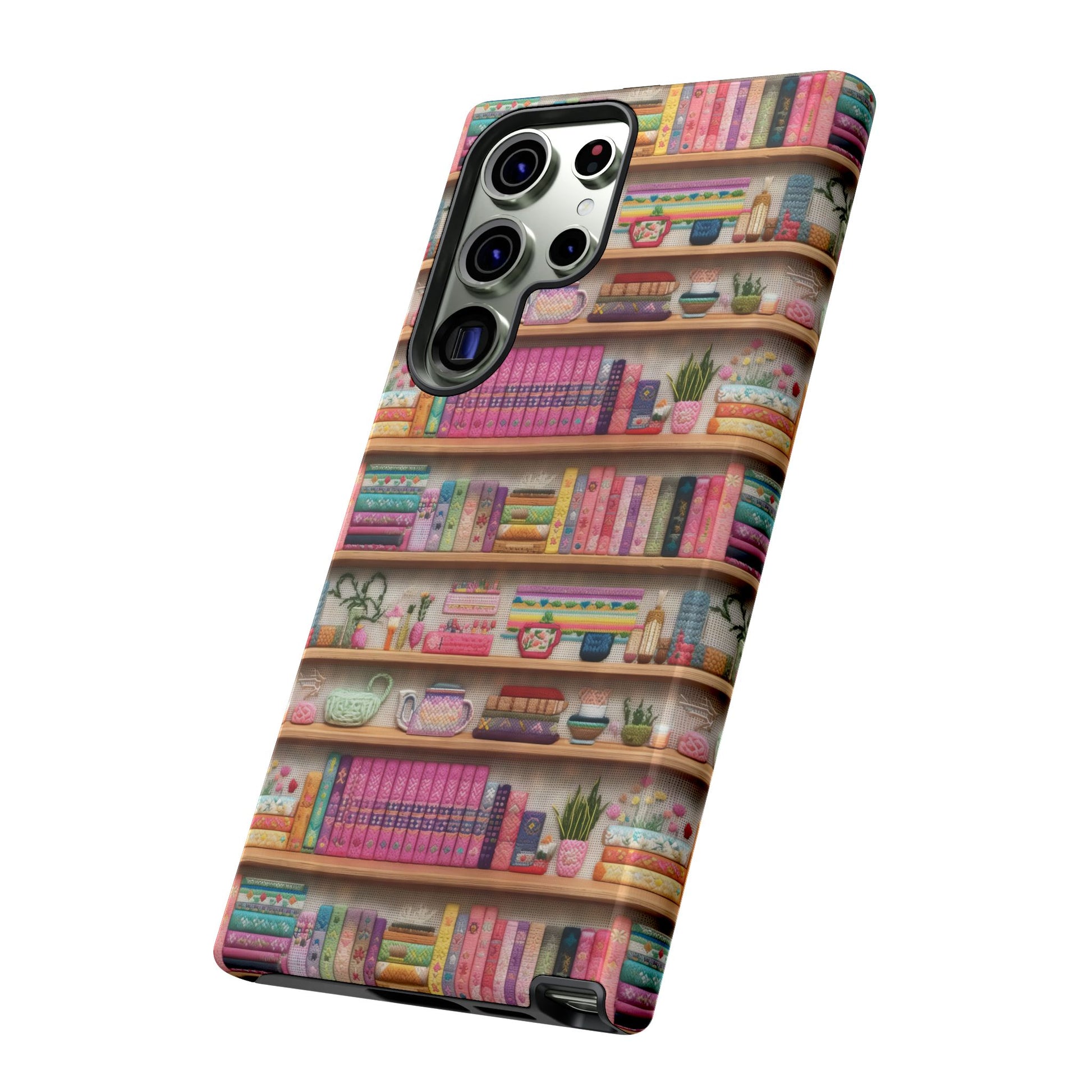 Whimsical 3D Embroidery Illusion Books on Pastel Shelves Phone Case for iPhone, Samsung & Pixel: Unique Accessory for Literary Enthusiasts Gift for Her Perfect for Floral Lover