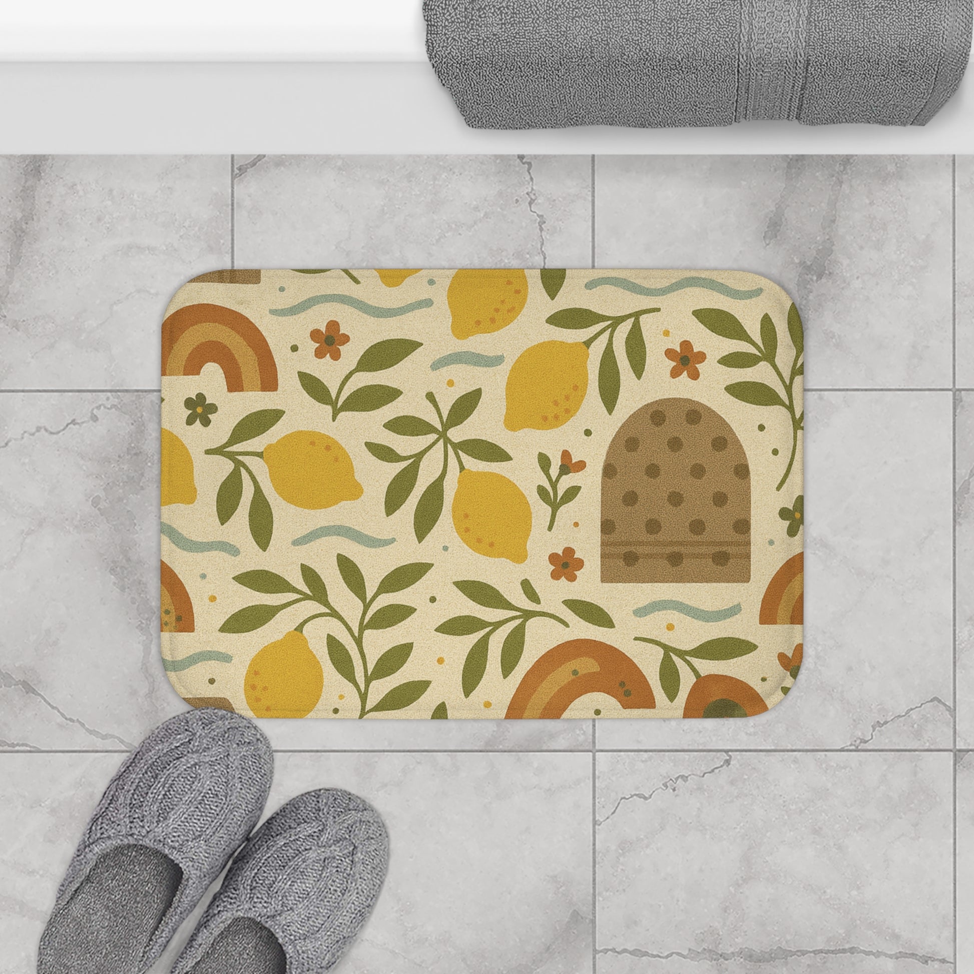 Boho Lemons and Floral Lavender Bathmat Tropical Floral Print with for a Bold, Elegant Bathroom Upgrade Comfort Home