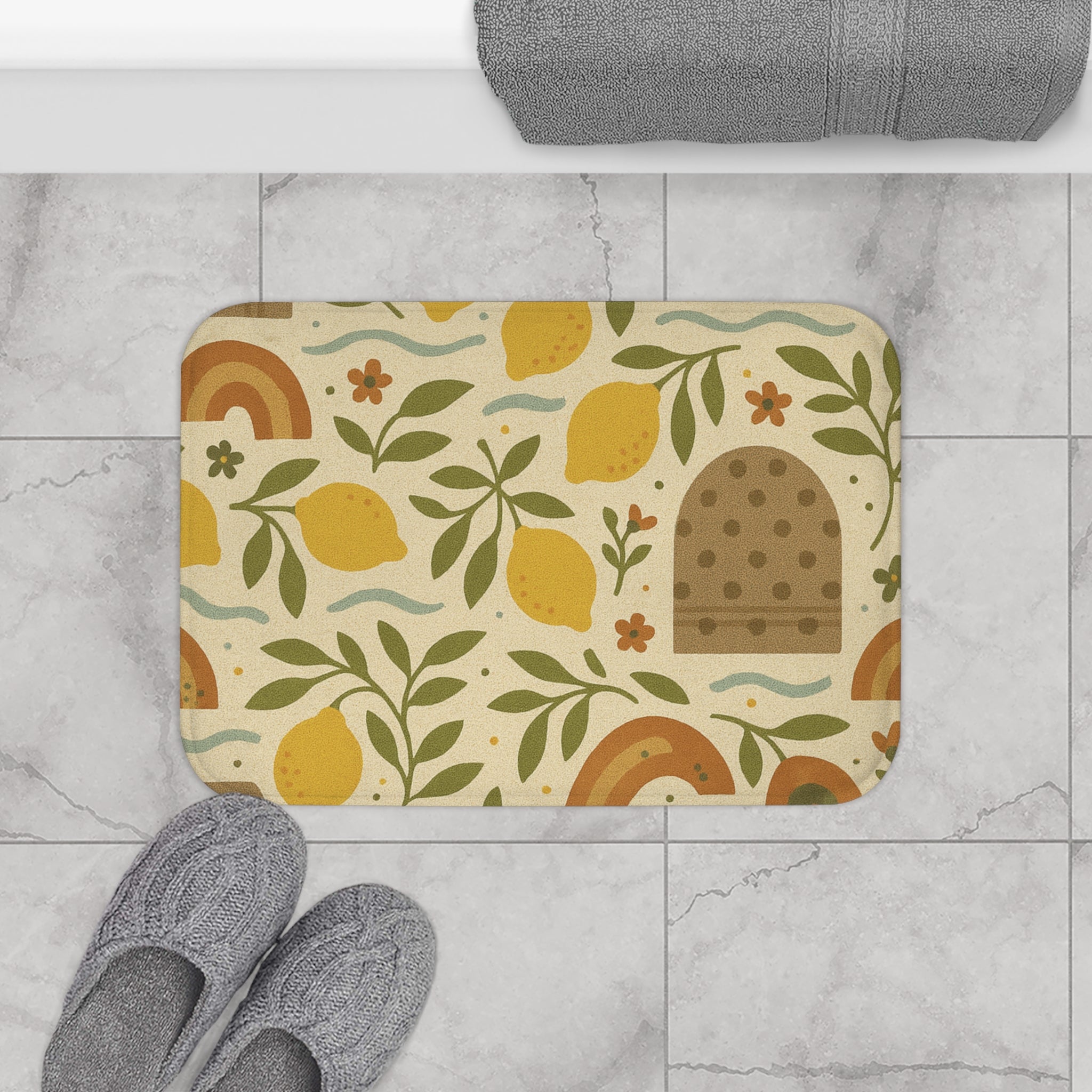 Boho Lemons and Floral Lavender Bathmat Tropical Floral Print with for a Bold, Elegant Bathroom Upgrade Comfort Home