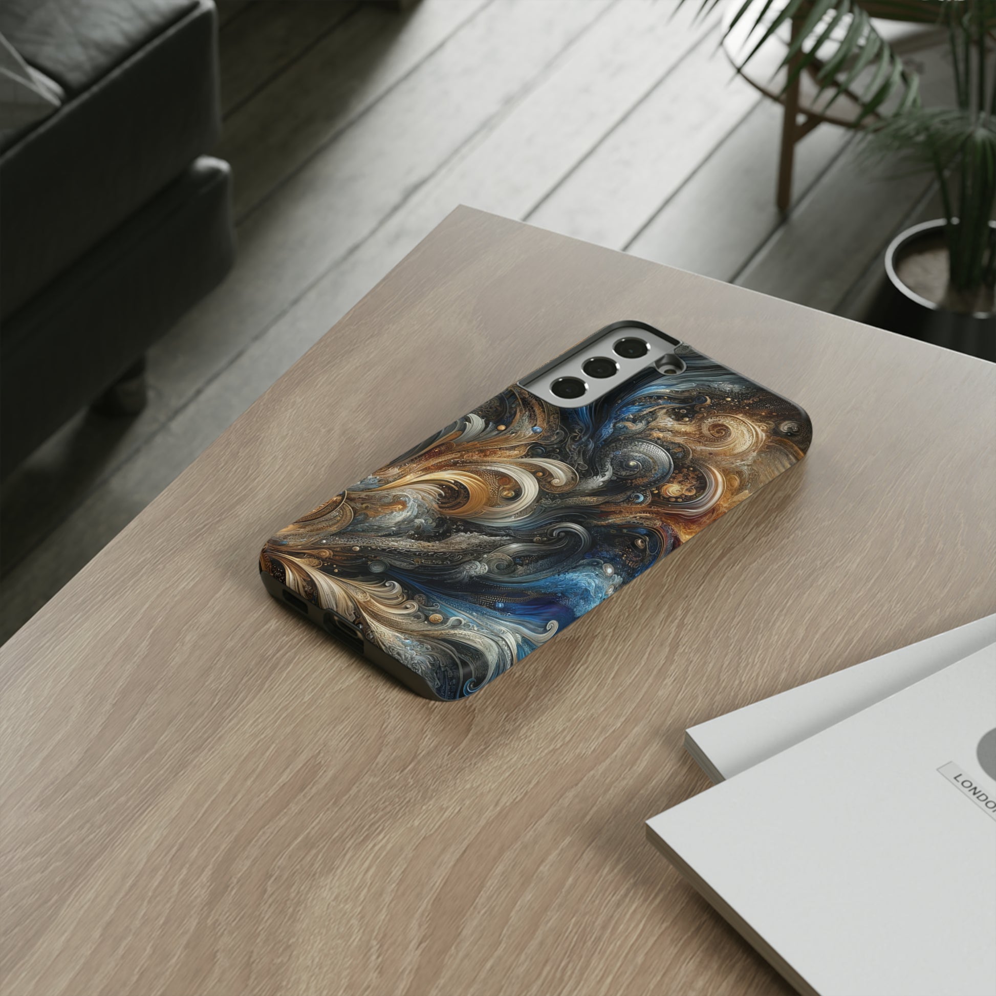 Gold and Navy Art Design Luxury Phone Tough Case Floral Elegant Durable Stylish for Modern Devices iPhone 15, Samsung iPhone Samsung Accessory Gift for Her.