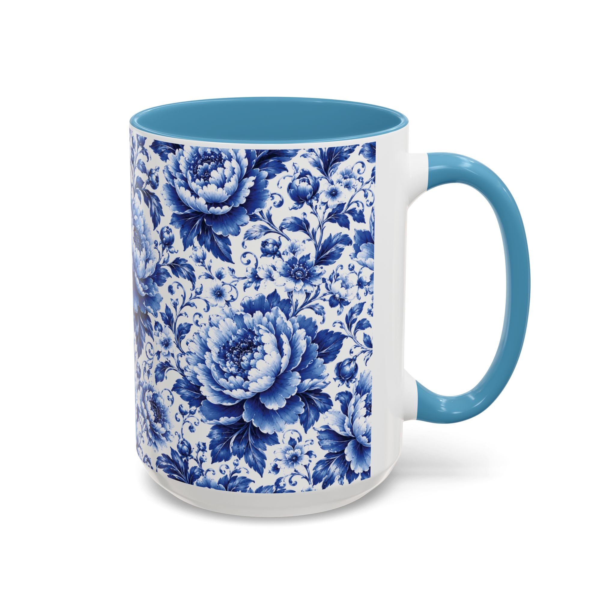 Blue Floral Ceramic Coffee Mug — Vintage Delft Peony Accent (11oz & 15oz) Blue & White Chinoiserie Tea Mug