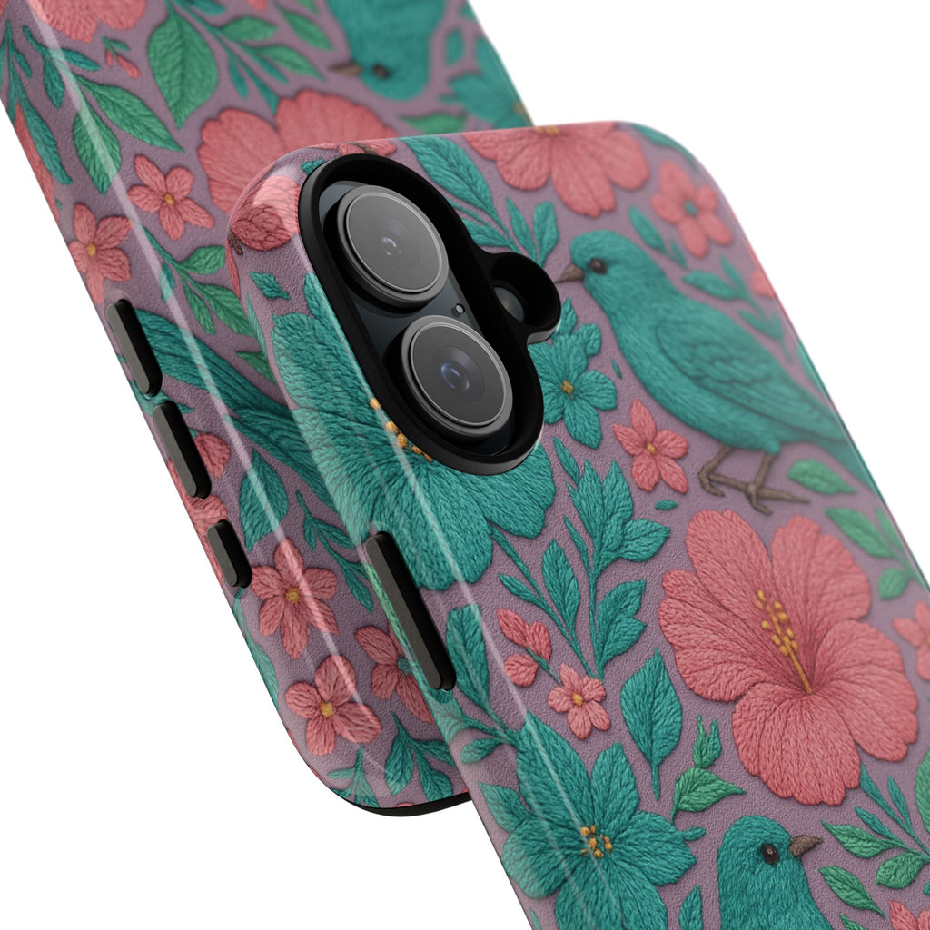 Turquoise, Pink and Lavender 3D Embroidery Illusion Phone Case Tropical Flowers, Birds & Butterflies Cover with Bold, Realistic Floral Texture iPhone, Samsung