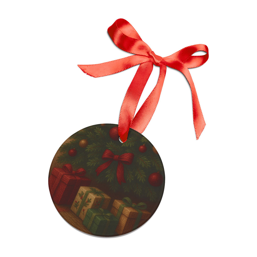 3D Illusion Christmas Ornament Elegant Tree with Gifts Design, Glossy Finish, Acrylic 2.90x2.90 in, Includes Red Ribbon for Hanging Tree Accent Gift for Family