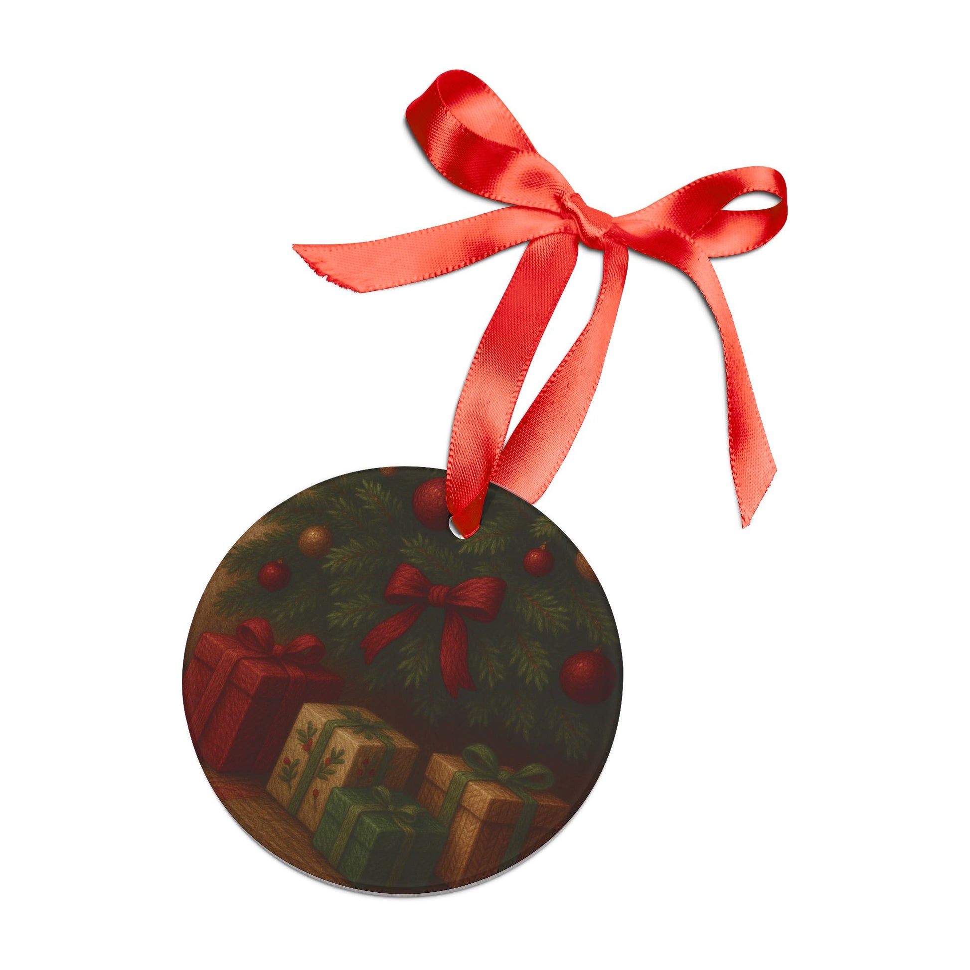 3D Illusion Christmas Ornament Elegant Tree with Gifts Design, Glossy Finish, Acrylic 2.90x2.90 in, Includes Red Ribbon for Hanging Tree Accent Gift for Family