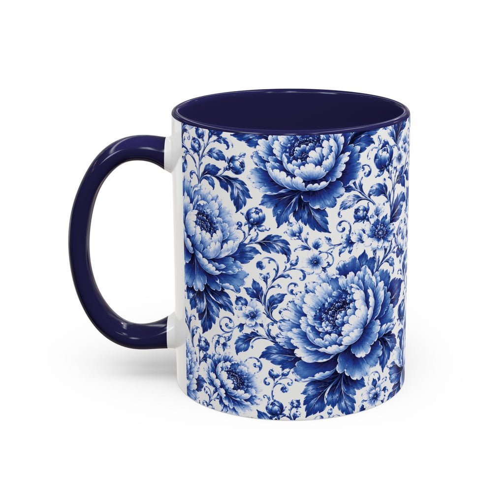 Blue Floral Ceramic Coffee Mug — Vintage Delft Peony Accent (11oz & 15oz) Blue & White Chinoiserie Tea Mug