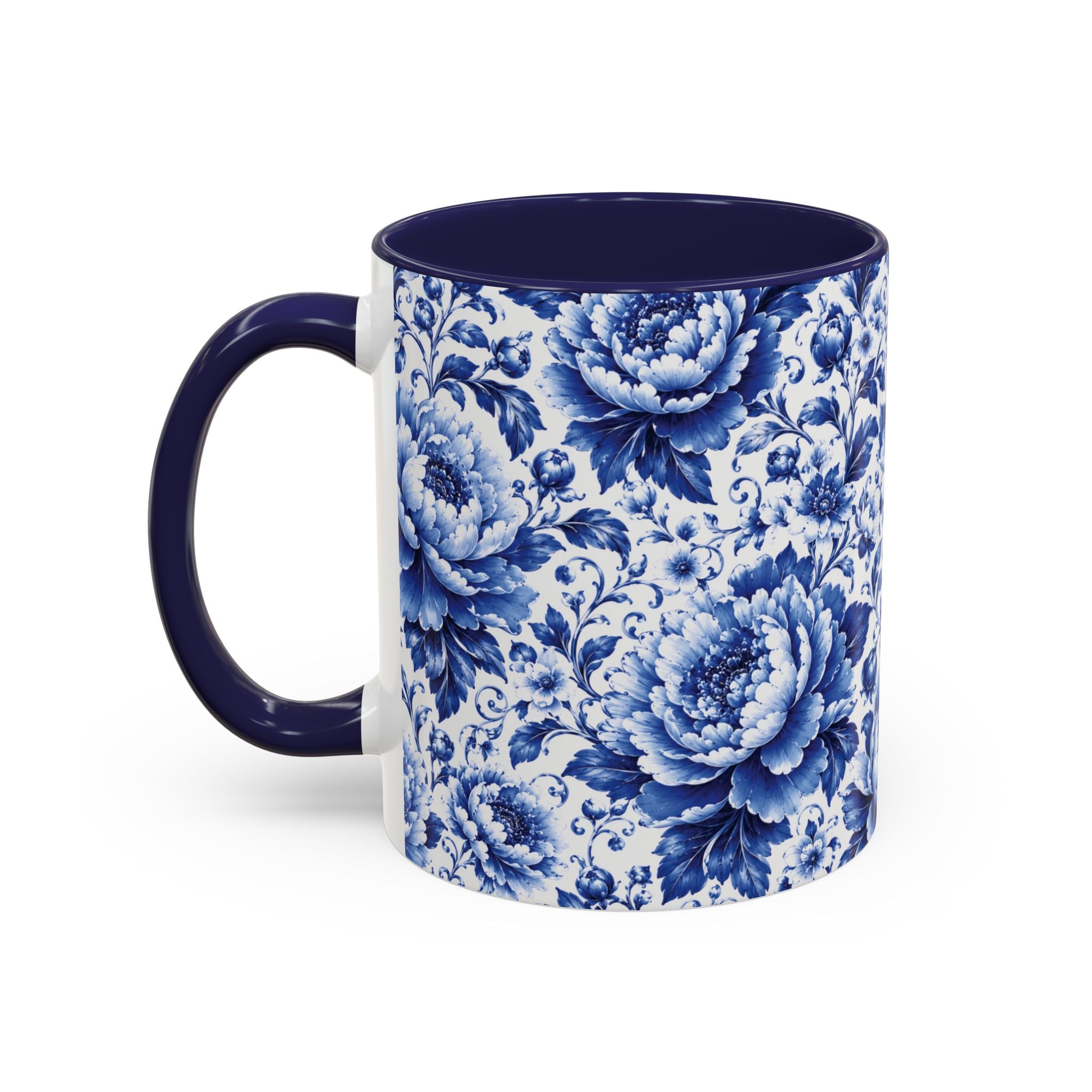 Blue Floral Ceramic Coffee Mug — Vintage Delft Peony Accent (11oz & 15oz) Blue & White Chinoiserie Tea Mug