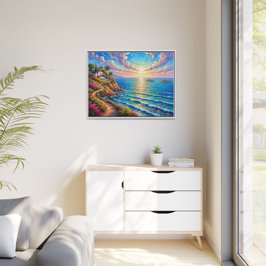 Toile imprimée florale océanique | Décoration murale colorée et lumineuse de paysage marin, œuvre d'art de bureau encadrée et mate