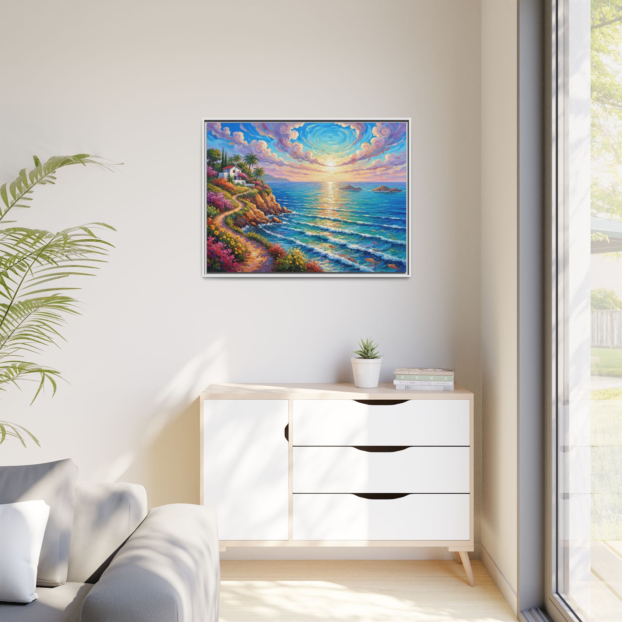 Toile imprimée florale océanique | Décoration murale colorée et lumineuse de paysage marin, œuvre d'art de bureau encadrée et mate