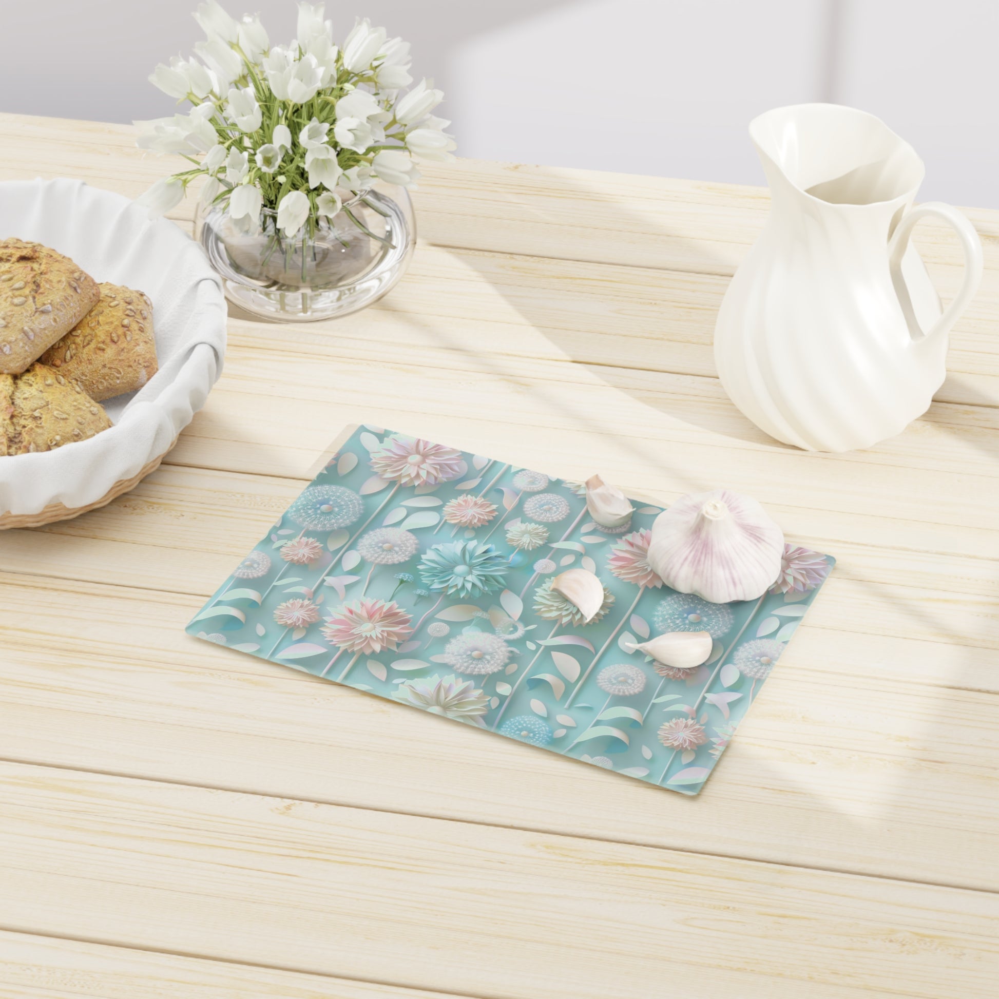Pastel Floral Tempered Glass Cutting Board | Durable and Heat-Resistant | Non-Slip Feet for Stability | Scratch-Resistant Surface | Stylish Kitchen Decor & Gift