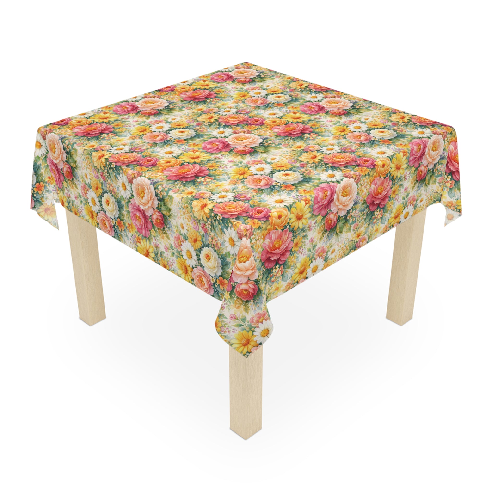 Floral Pink Yellow Floral Tablecloth — Bright Spring Dining Decor Party