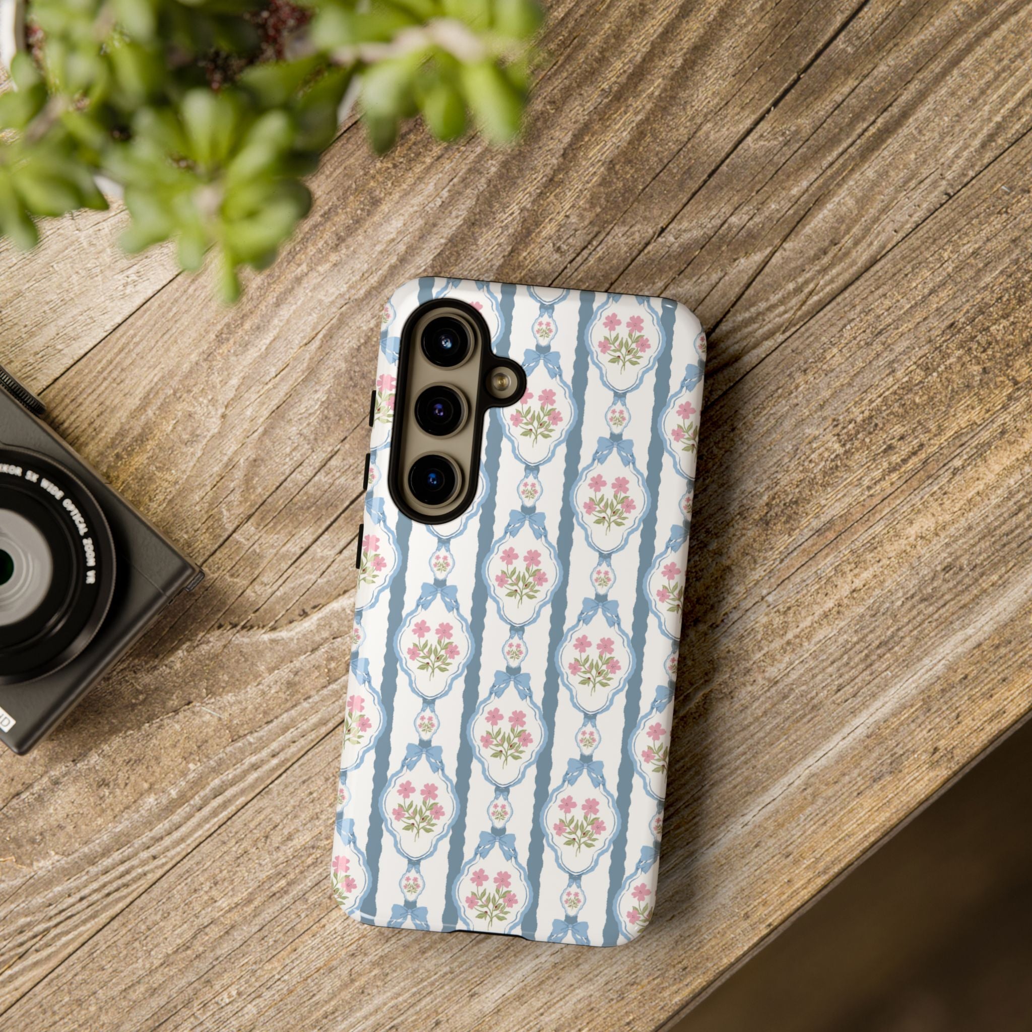 Coque de téléphone Vintage Nœud Bleu et Rose — Motif floral romantique « Tough Cases »