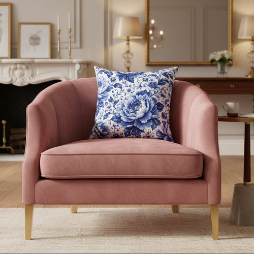 A square throw pillow featuring a classic blue and white floral porcelain-style print, shown against a plain white background.