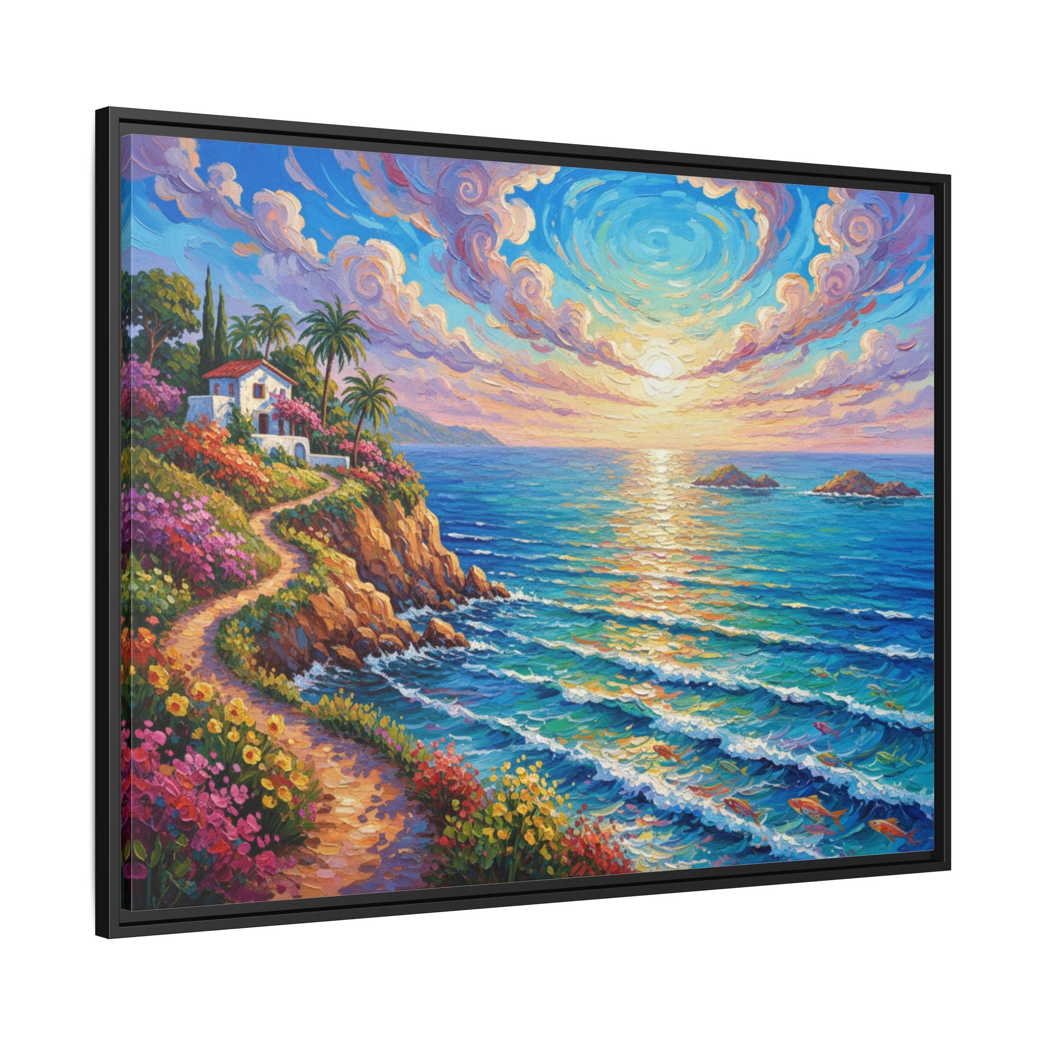 Ocean Floral Print Canvas | Bright Colorful Seascape Wall Art, Framed Matte Office Art Work