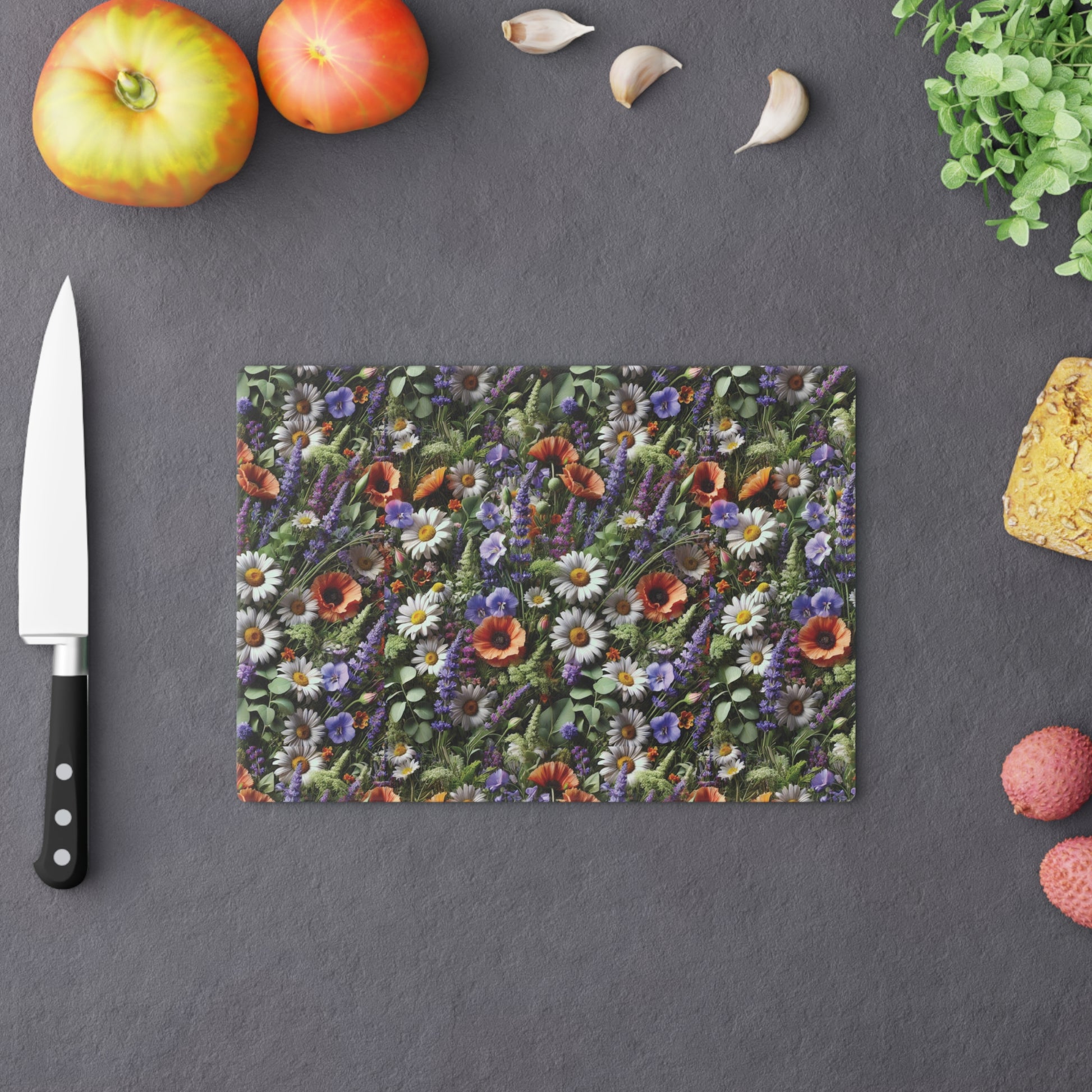 Boho Wildflowers Cutting Board - Durable Glass Kitchen Decor, Vibrant Floral Design, Perfect for Chopping, Serving, or Gifting - MRSBYVALLE