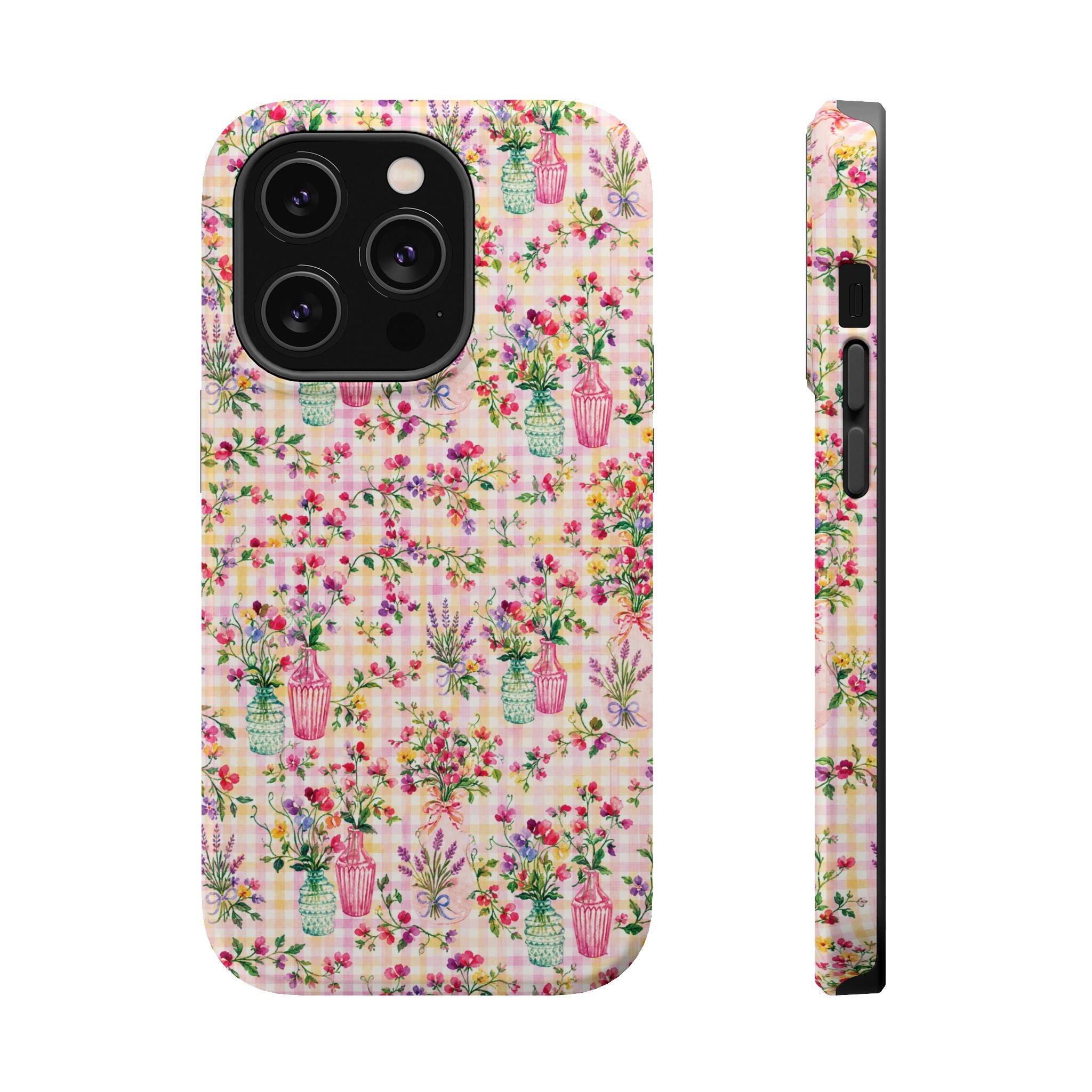 Turquoise & Pink Floral Checker Phone Case — Magnetic Impact-Resistant
