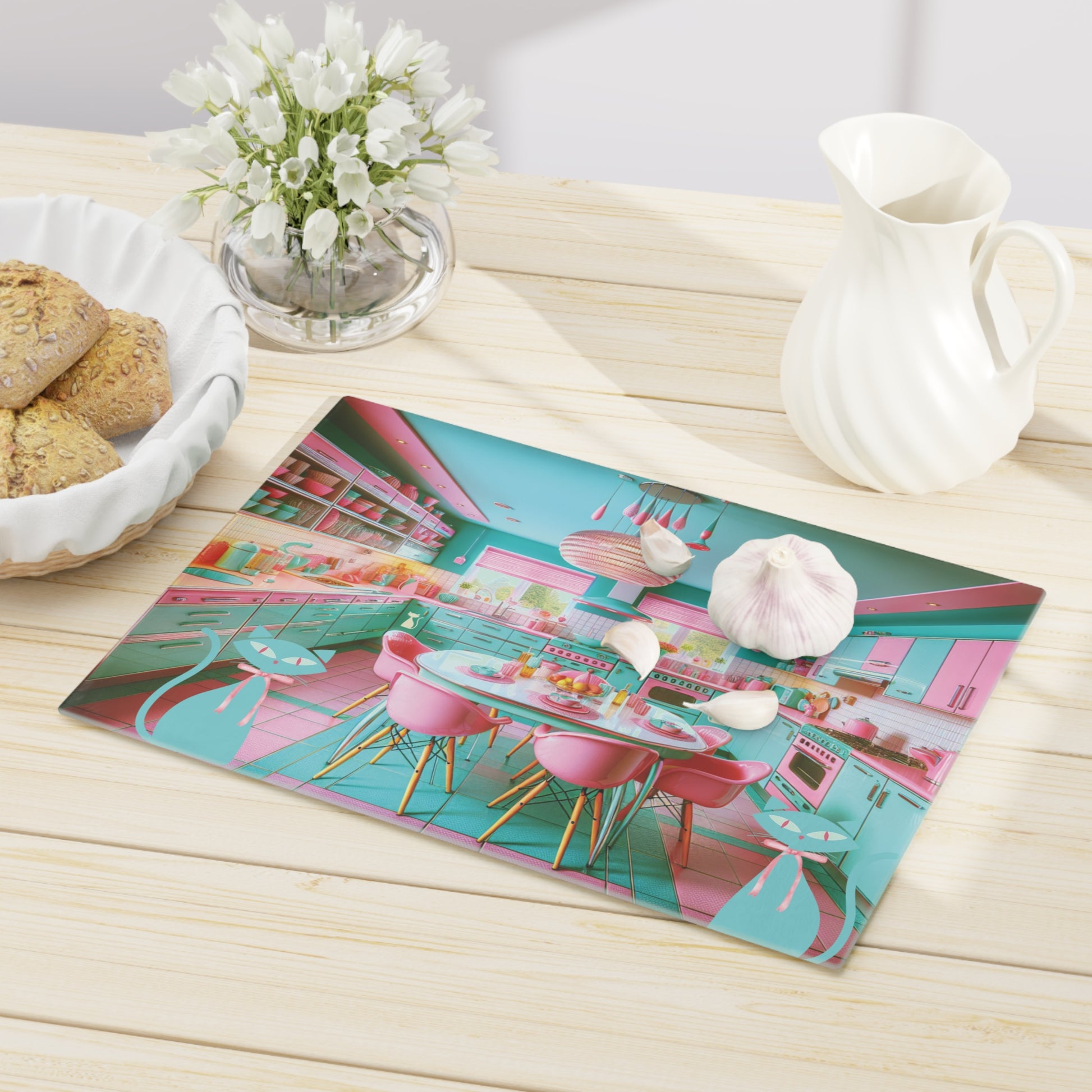 Cutting Board - Atomic Kitty Cat Mid Century Modern Aqua Pink MCM Design - MRSBYVALLE