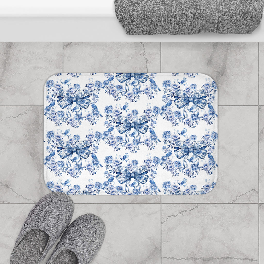Tapis de bain élégant en chintz bleu avec nœud – Magnifiques oiseaux et motifs floraux | Tapis de bain doux, absorbant et antidérapant pour une décoration intérieure élégante et confortable